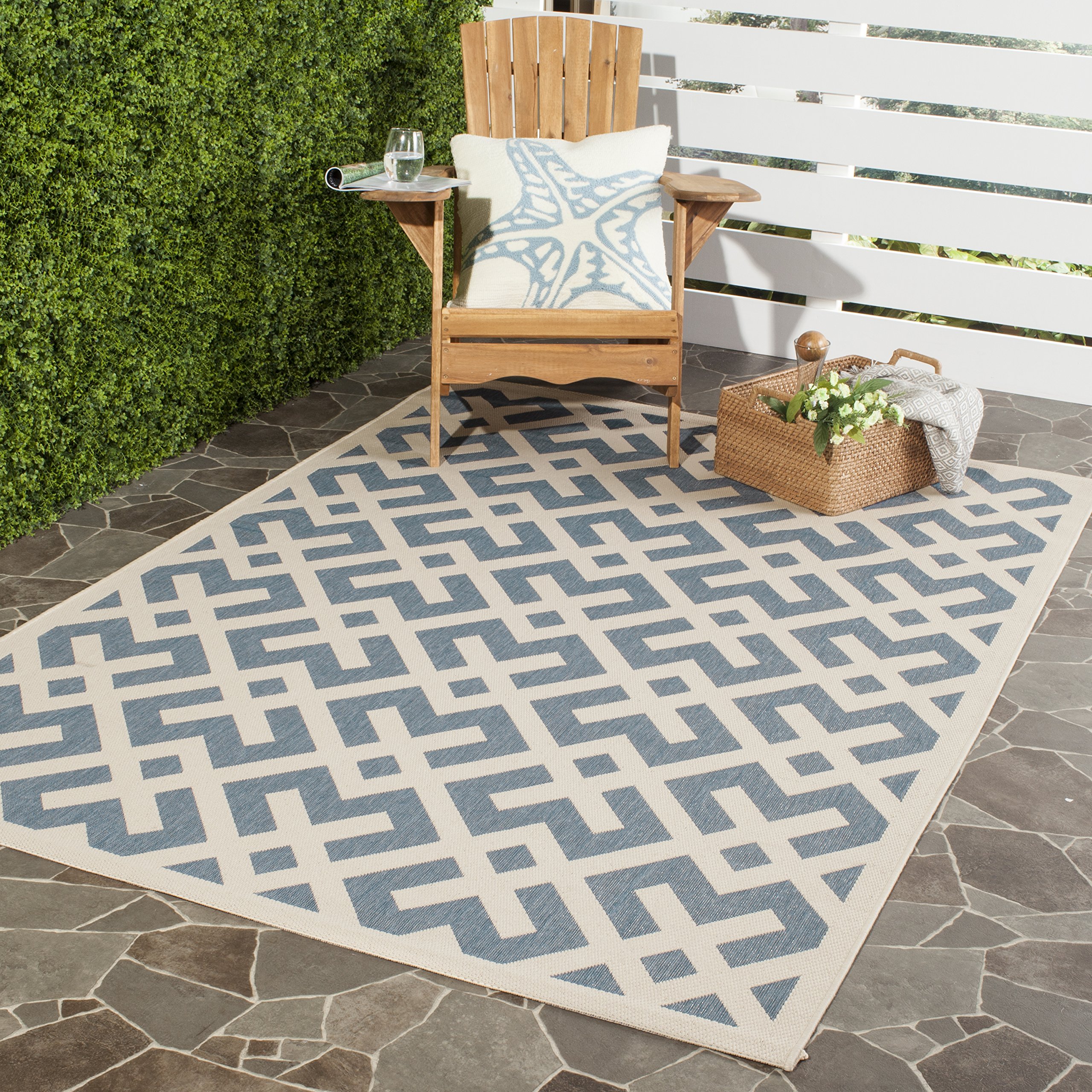 SAFAVIEH Courtyard Collection 9' x 12' Blue & Bone Indoor/Outdoor Area Rug - Non-Shedding, Easy Care & Washable - Perfect for Living Room, Bedroom, Patio, Backyard & Mudroom (CY6915-233)