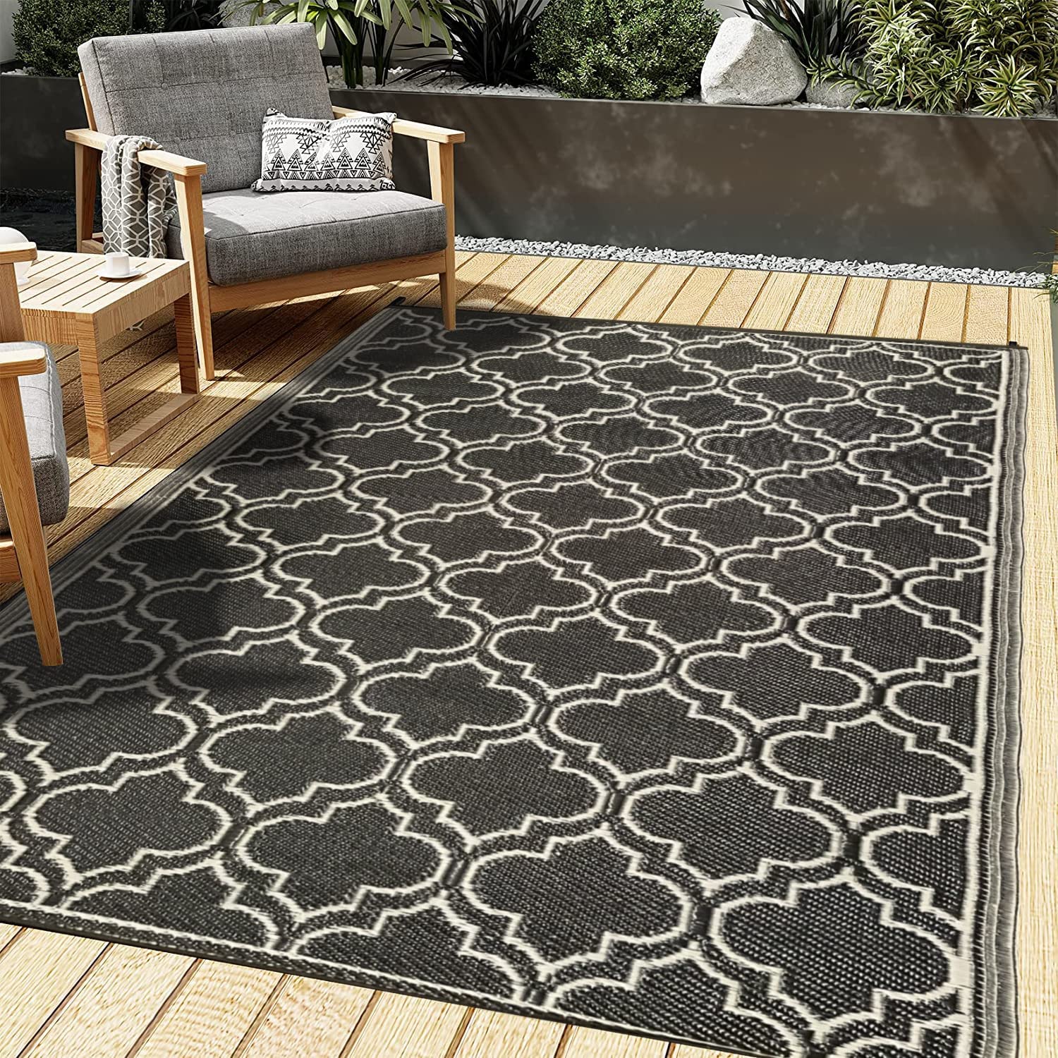 Funky Strokes Waterproof 4x6 Outdoor Rug for Patio, Deck, RV, Camping - Durable & Stylish Black and Gray Design - Perfect for Backyard, Porch, Tent & Camper Accessories