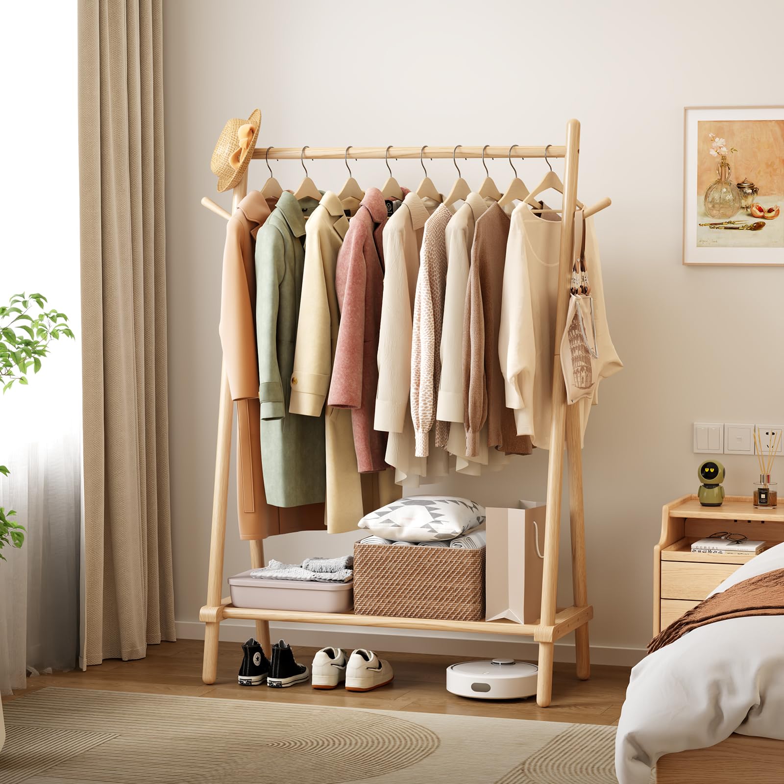 **Solid Wood Clothes Rack with Shelf & Hooks - Sturdy, Portable Garment Rack for Hanging Clothes, Coats, Skirts, Shoes & Bags - Easy to Assemble (Natural) - Perfect for Bedroom, Closet & Laundry Room Organization**