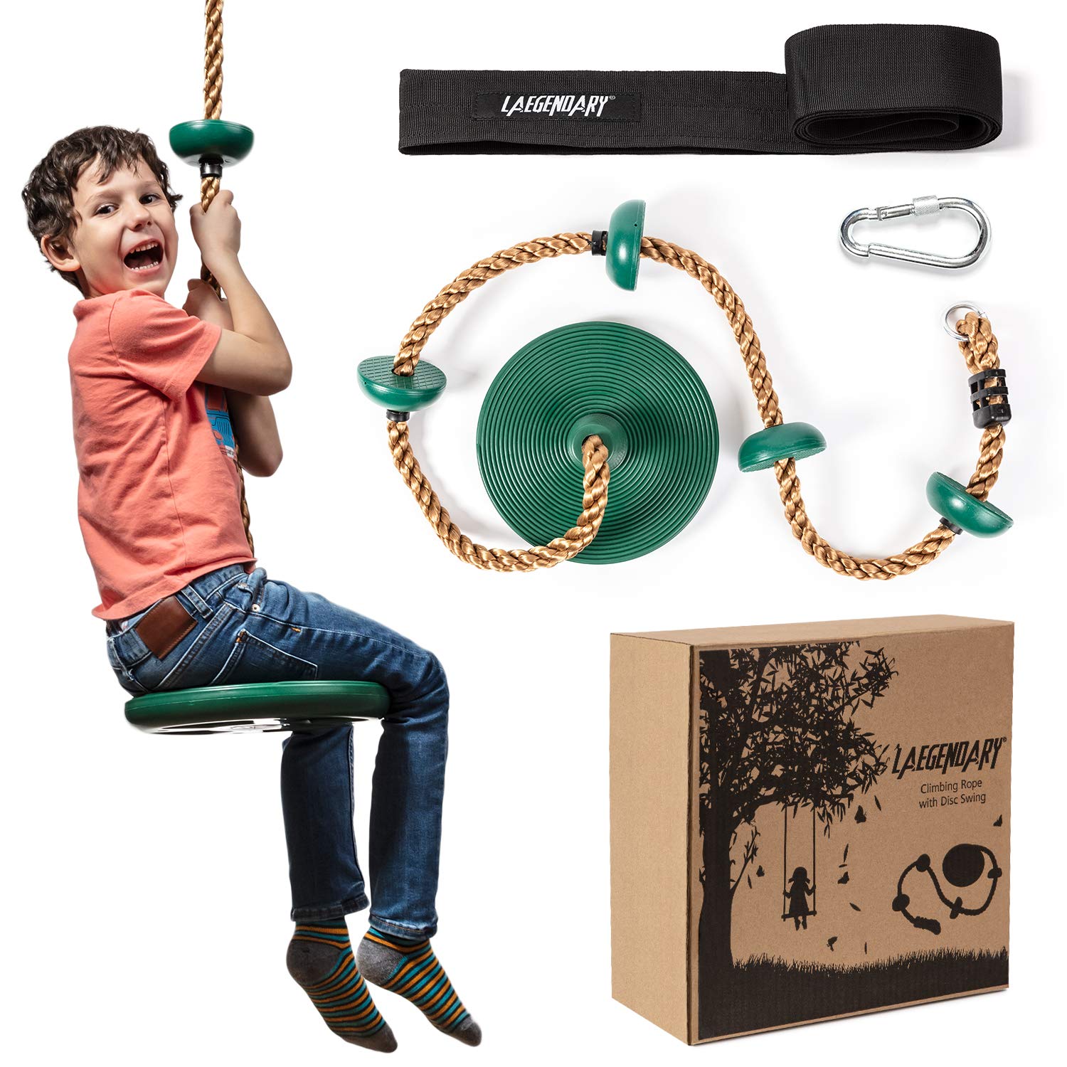 LAEGENDARY Outdoor Tree Swing Set with Climbing Rope, Platform & Disc Swing Seat - Kids Playground Accessories for Backyard, Park & Garden - Includes 4FT Tree Strap & Carabiner - Perfect for Outdoor Family Fun, Backyard Play & Adventure Activities