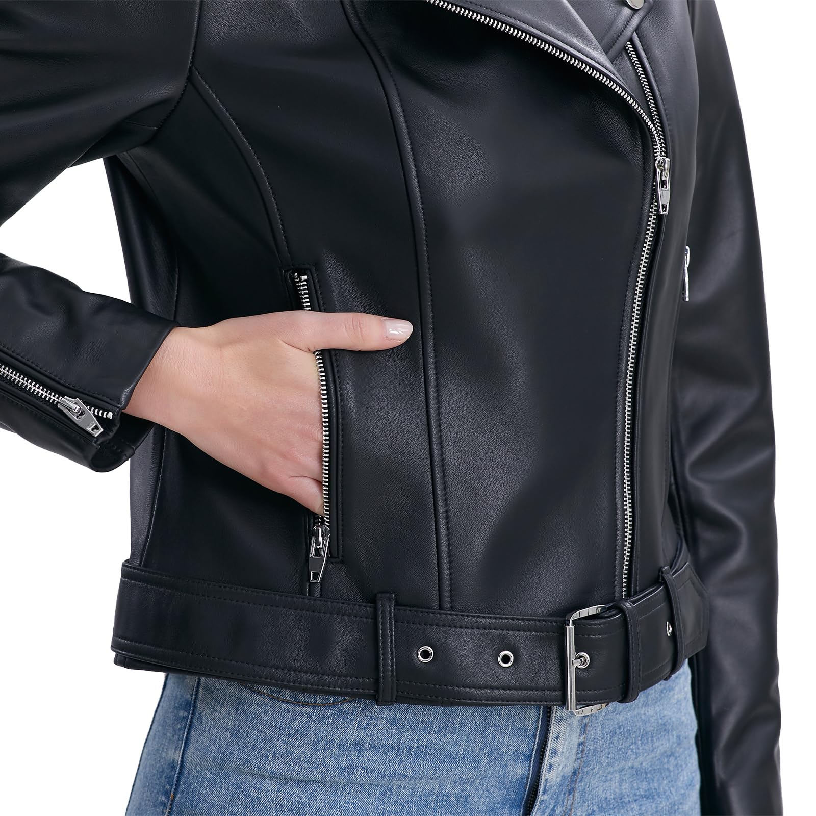 Genuine Lambskin Leather Jacket for Women - Stylish Motorcycle Jacket with Zip Front & Adjustable Belted Waist, Multiple Pockets - Perfect for Riding, Casual Outfits & Night Out