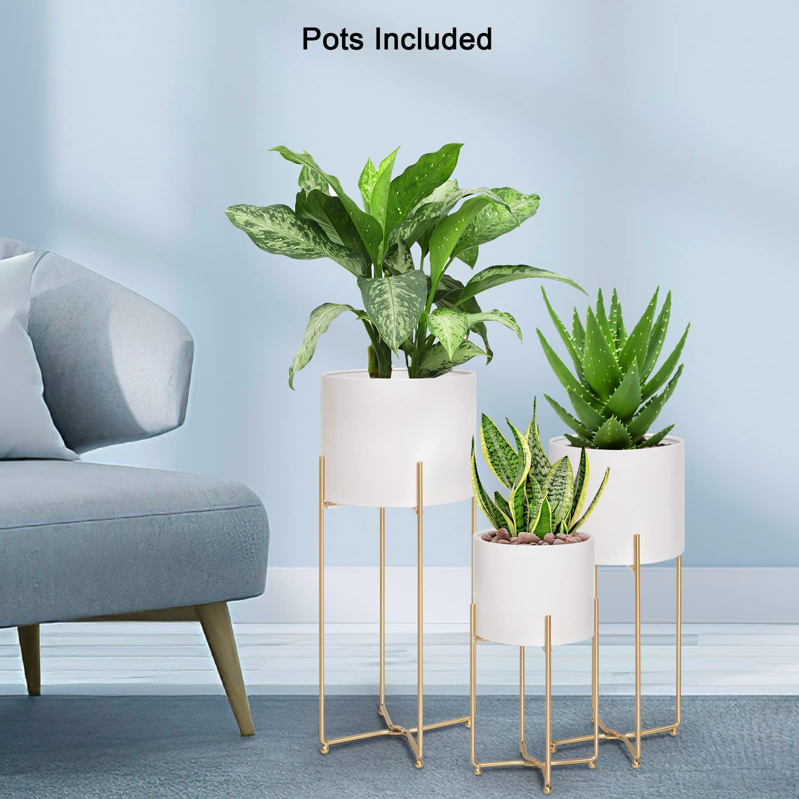 **Elegant White Metal Planters with Gold Stands - Set of 3 Large Indoor Flower Pots for Mid-Century Modern Decor (9/8/7 Inch) - Perfect for Living Room, Corner, Patio & Office Spaces**
