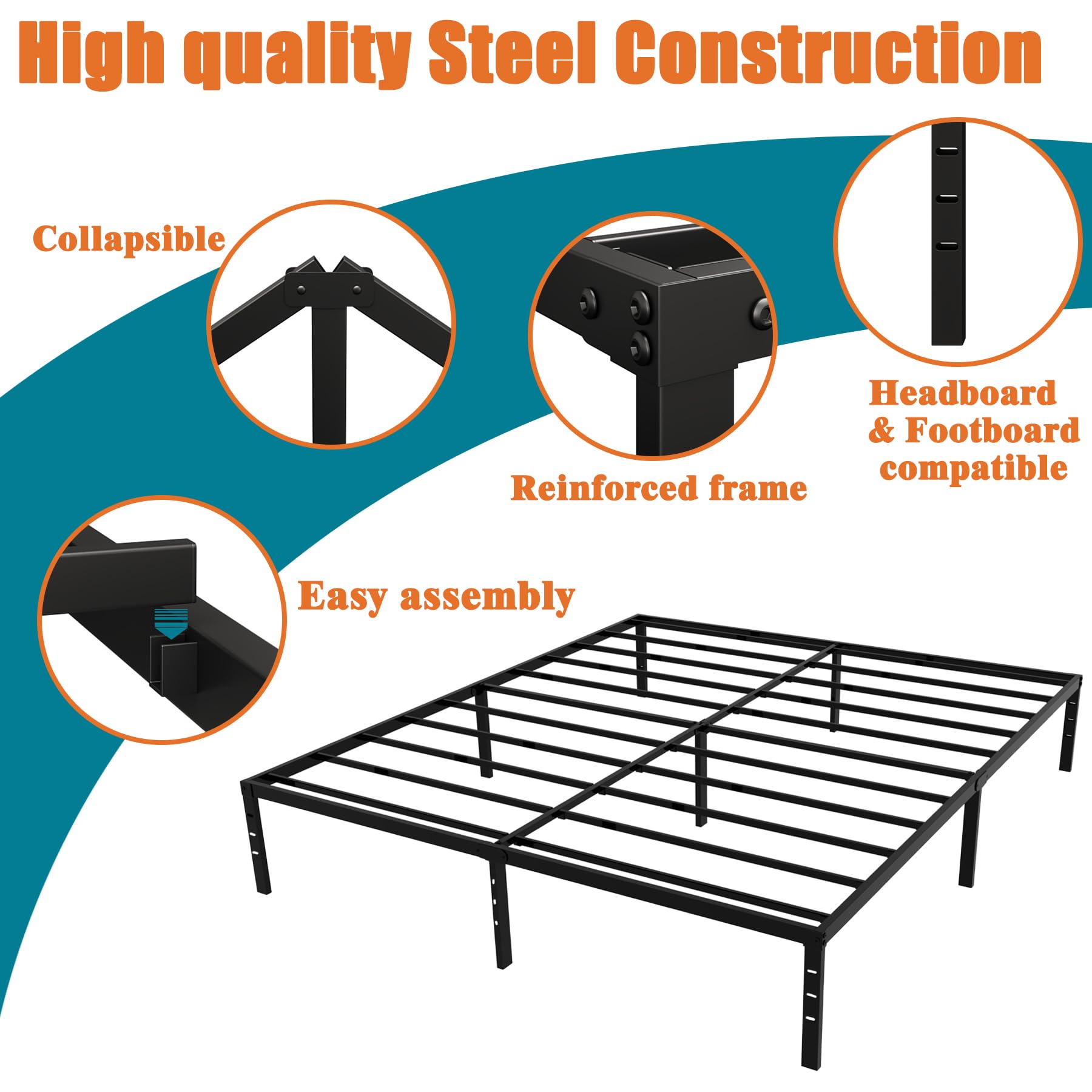 Heavy Duty Queen Size Metal Bed Frame with 3500lbs Capacity - 14 Inch High Platform with Underbed Storage, No Box Spring Needed, Easy Assembly, Black - Perfect for Small Spaces, Guest Rooms & Dormitories