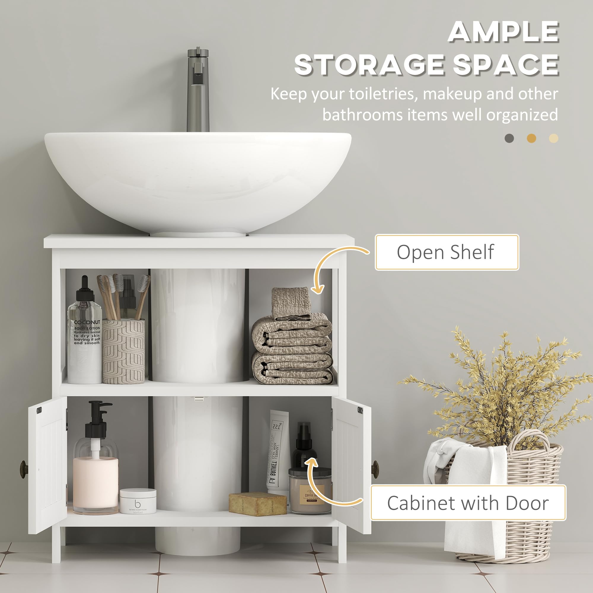 Kleankin White Pedestal Sink Storage Cabinet - 2 Door Bathroom Vanity with Open Shelf for Under Sink Organization | Perfect for Small Bathrooms, Powder Rooms & Apartment Bath Storage