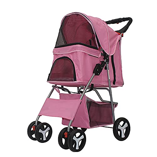 Foldable 4-Wheel Pet Stroller with Weather Cover & Storage Basket - Lightweight Travel Carrier for Small Dogs and Cats (Pink) | Perfect for Park Walks, Vet Visits & Shopping Trips
