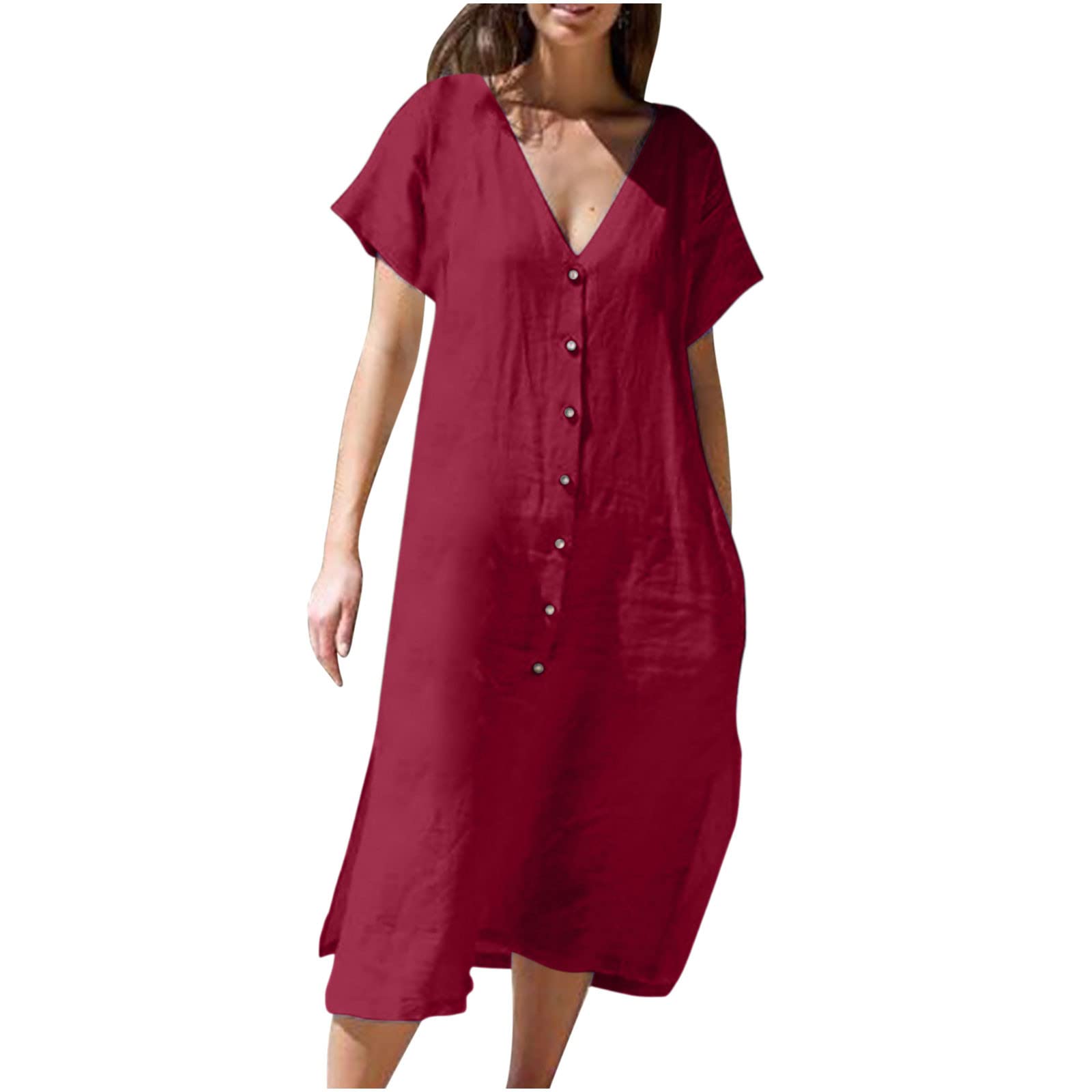 BUIgtTklOP Women's Casual Cotton Linen Dress - Solid Color V-Neck Midi Shirt Dress with Drawstring Waist | Perfect for Summer, Beach, Vacation and Everyday Wear