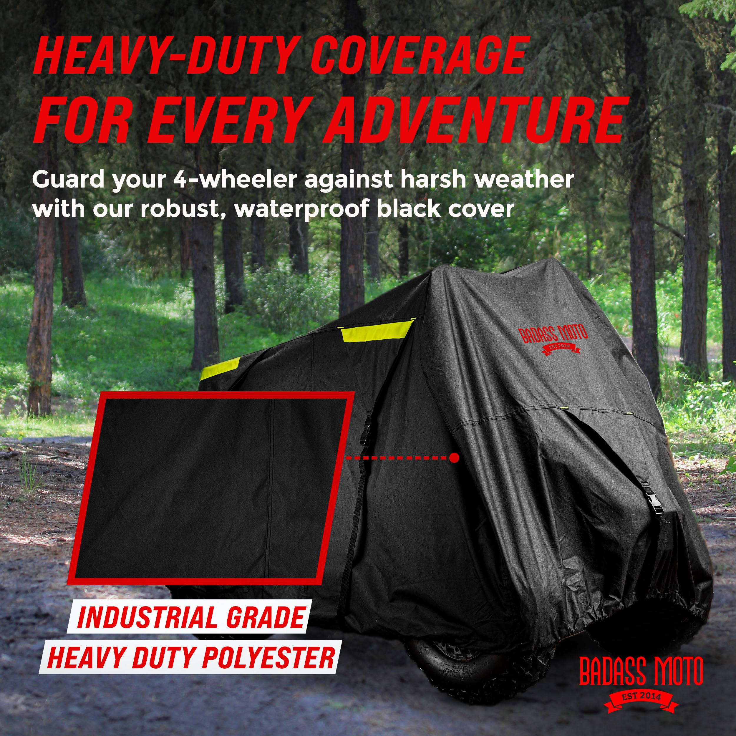 Badass Moto ATV Cover - Heavy Duty Waterproof Outdoor Protection with Rip-Resistant & Night-Reflective Design - Universal 4 Wheeler Cover with Easy-Access Zipper & Ventilation - Perfect for ATV, UTV, Quad Bike Accessories (95