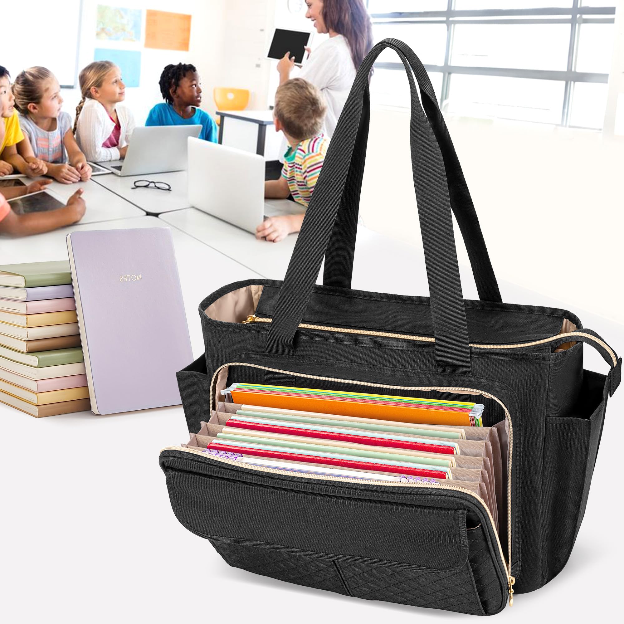 LUXJA Professional Teacher Tote Bag for Women - Waterproof Work Bag with Accordion File Organizer & Laptop Sleeve (15.6 Inch), Durable Black Teacher Bag - Perfect for Classroom, School, Office & Commuting