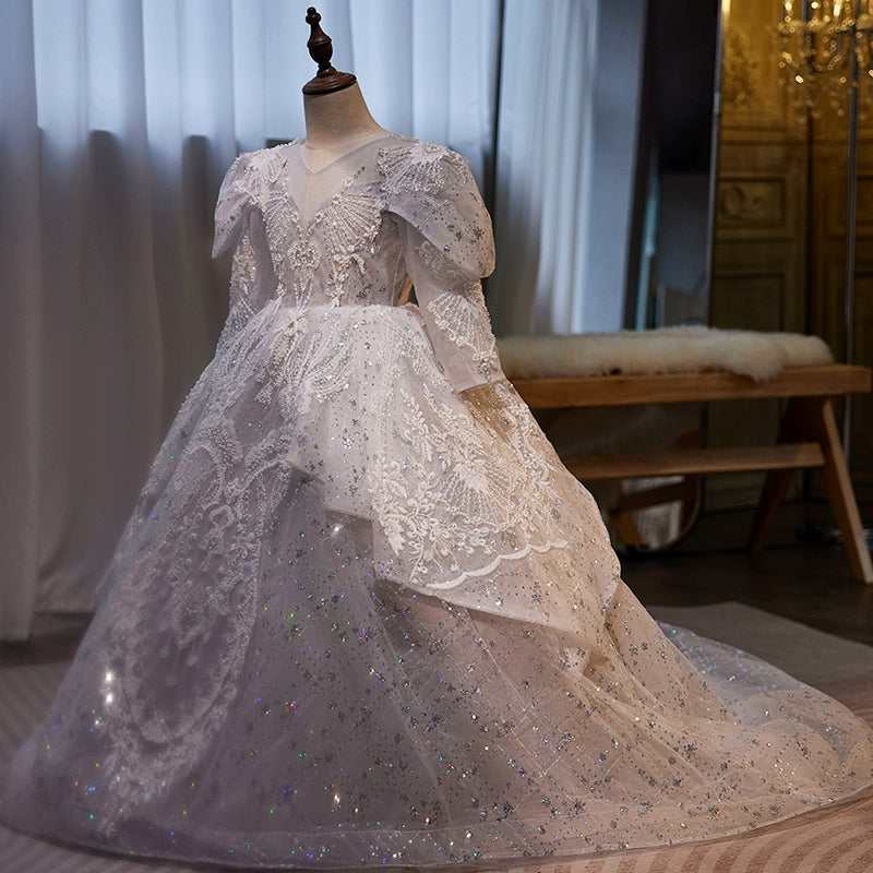 Princess V-Neck Floor-Length Organza Flower Girl Dress for Weddings, Baptisms & Special Occasions