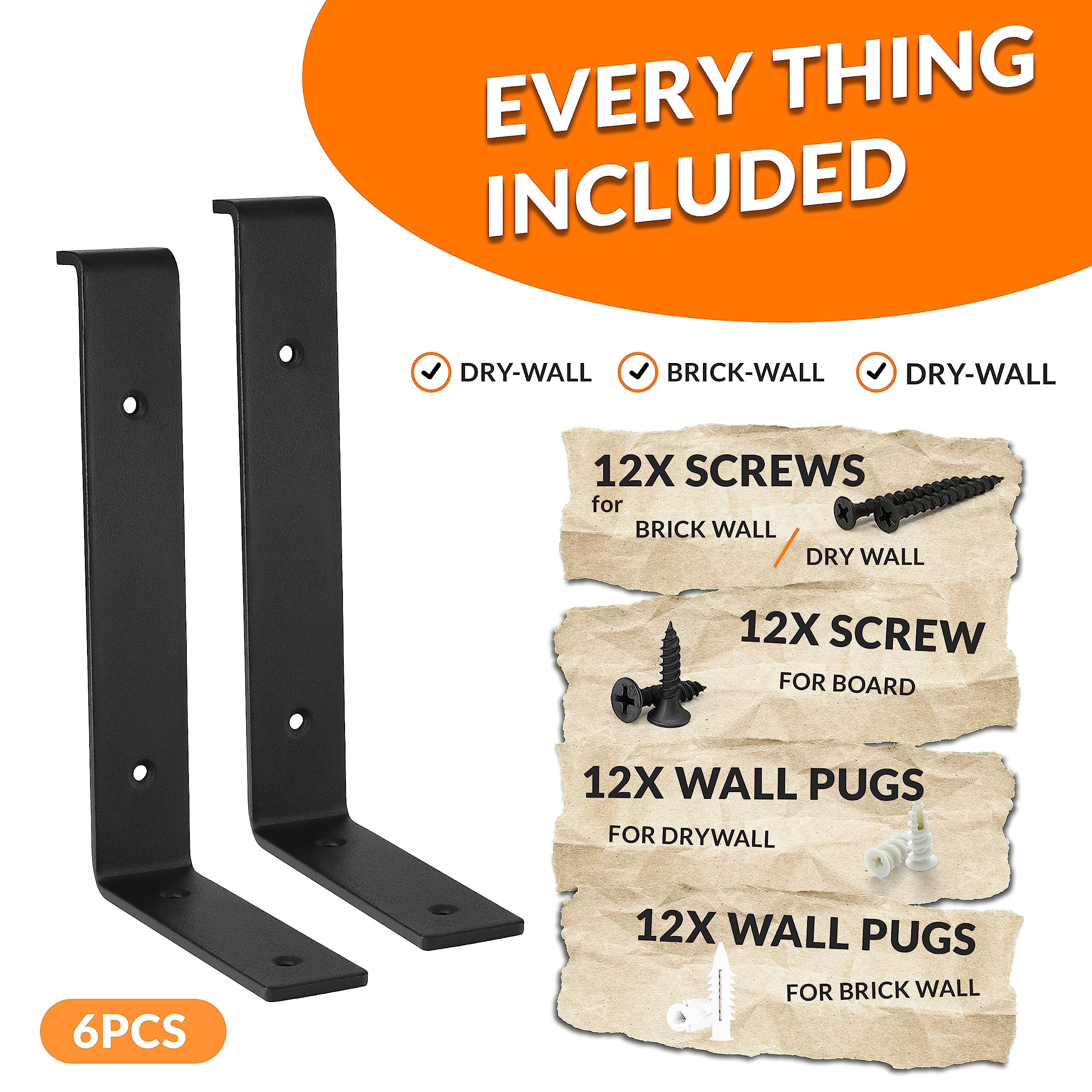 BATODA 10 Inch Heavy Duty Black Shelf Brackets with Lip - 6 Pack Z-Shaped Wall Mounted Brackets for 9.25
