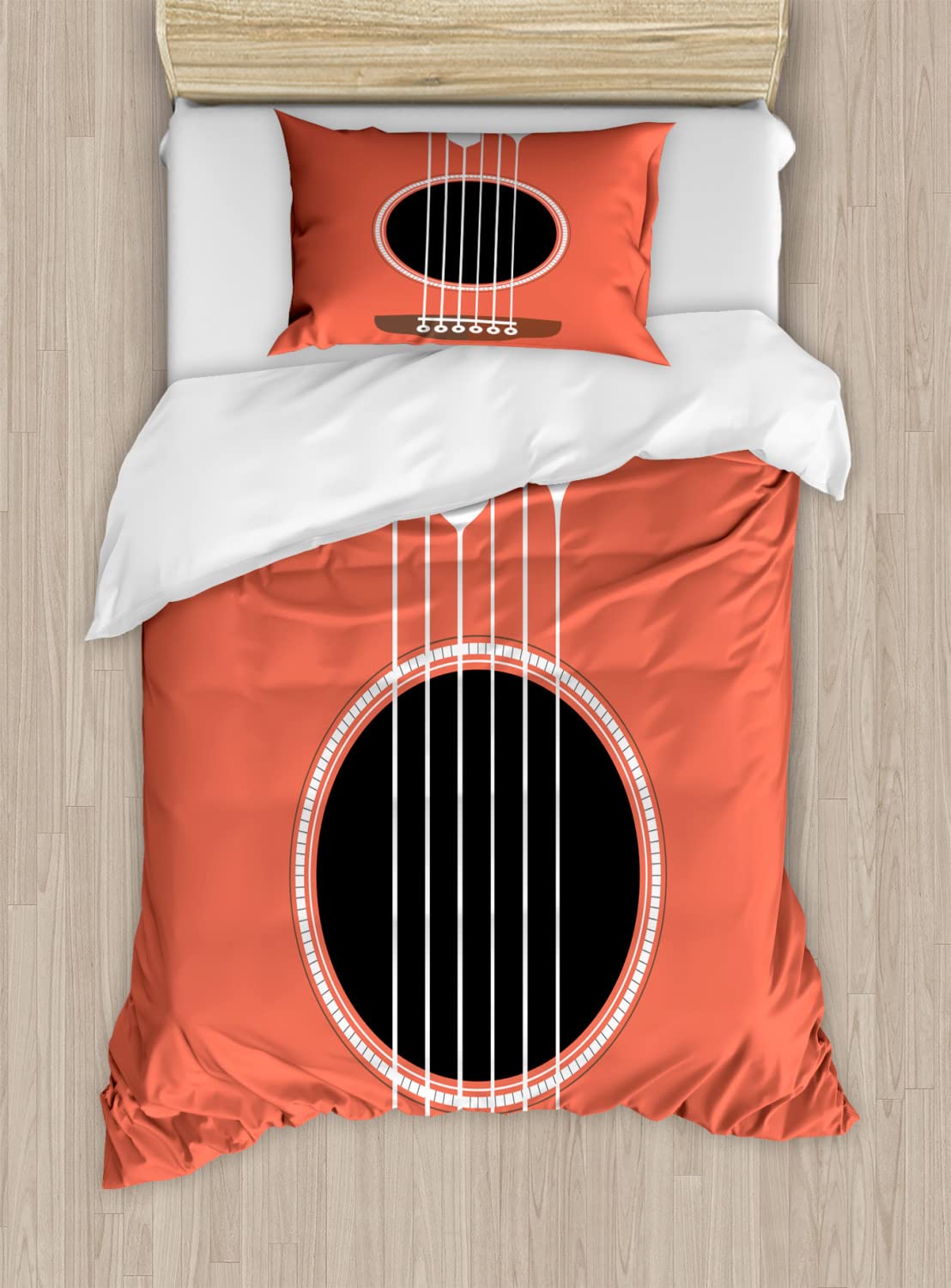 Ambesonne Queen Size Duvet Cover Set - 2 Pack with 2 Duvet Covers & 4 Pillowcases, Salmon White Acoustic Guitar and Wine Glass Musical Design | Perfect for Music Lovers Bedroom Decor, Guest Room, Dormitory, and Gift Ideas