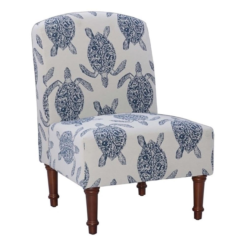 Pemberly Row Blue & Cream Turtle Print Upholstered Accent Chair - Armless Fabric Living Room Chair for Home Decor, Reading Nook, or Bedroom Seating