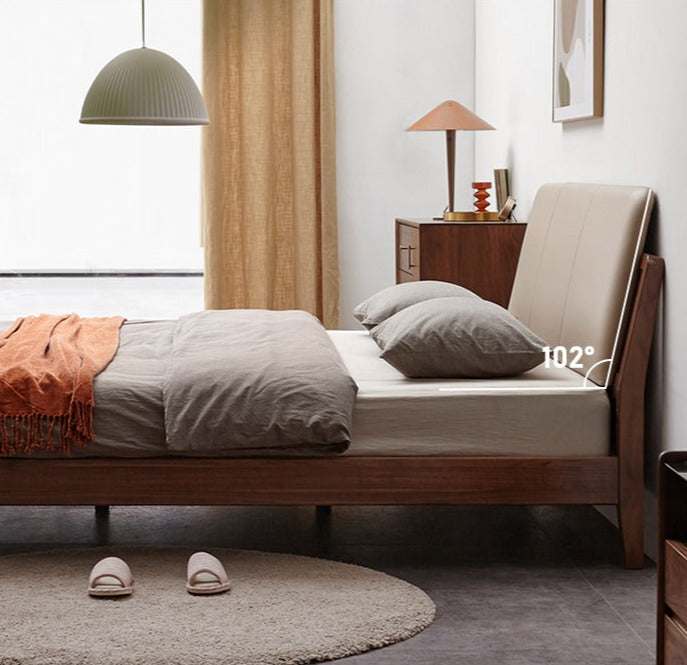 Premium Black Walnut Solid Wood Bed Frame - Queen Size Platform Bed with Soft Upholstered Headboard | Modern Bedroom Furniture for Master & Guest Rooms