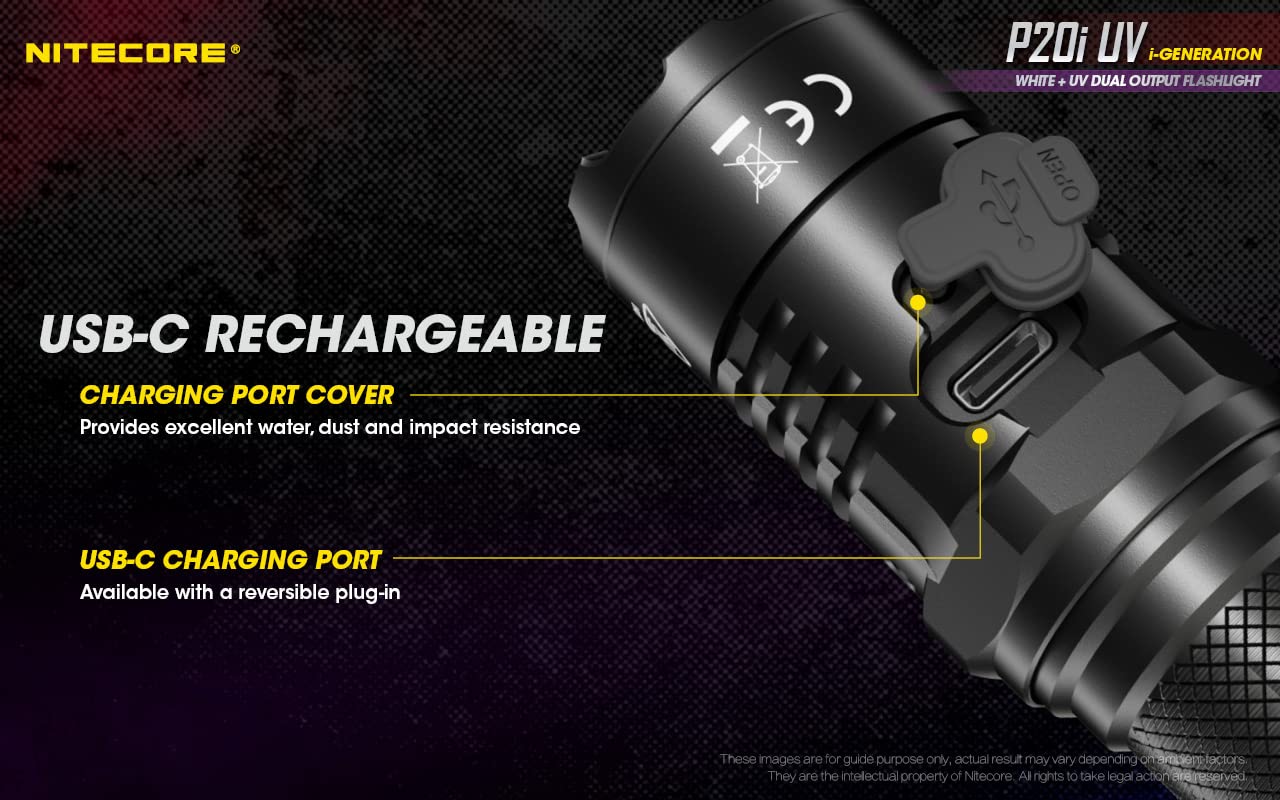 Nitecore P20i UV Tactical Flashlight - 1800 Lumens, USB-C Rechargeable with 2 Batteries & Organizer | UV Light for Security, Camping, Emergency & Outdoor Adventures