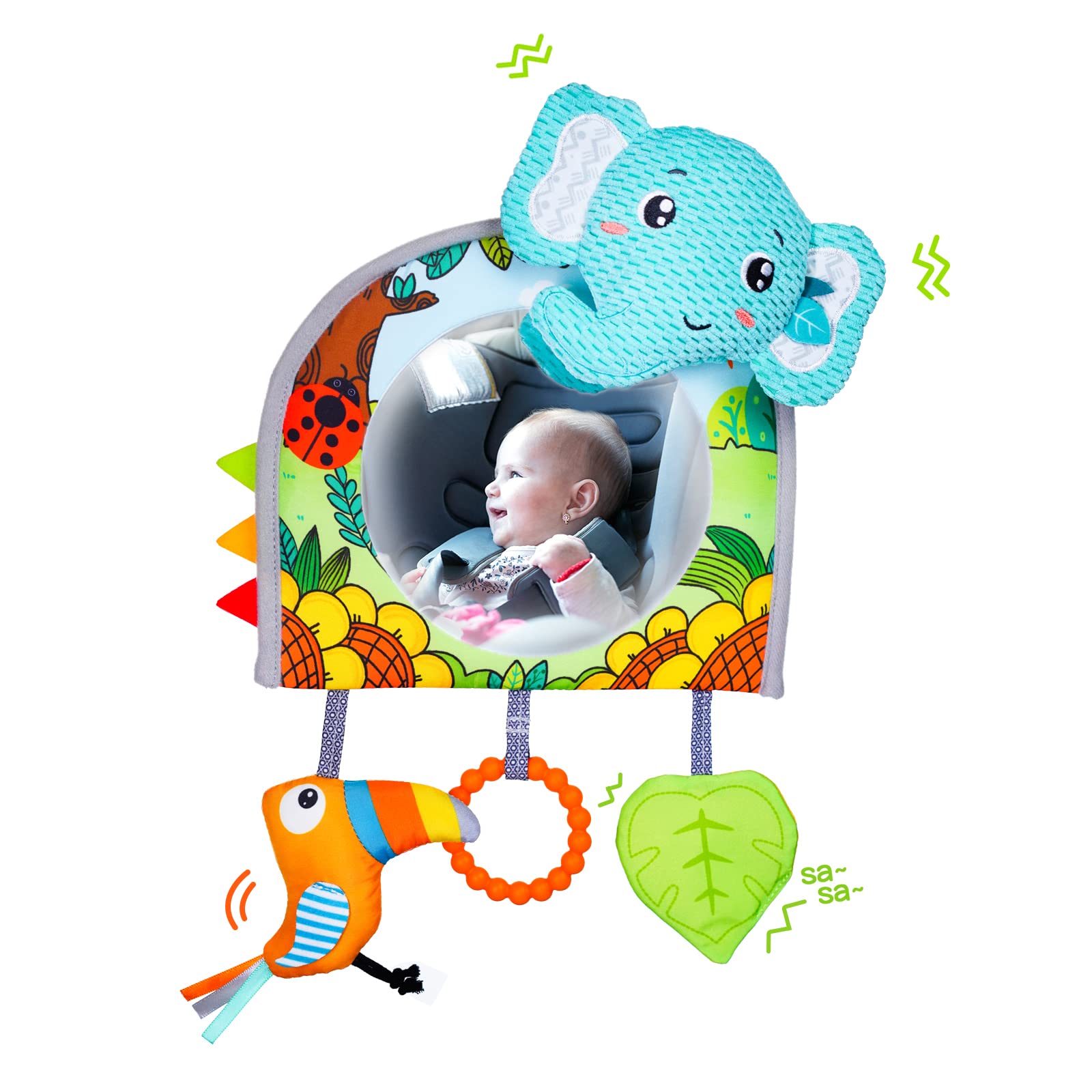 Baby Car Seat Toys - Mirror, Teether & Crinkle Paper for Travel & Tummy Time
