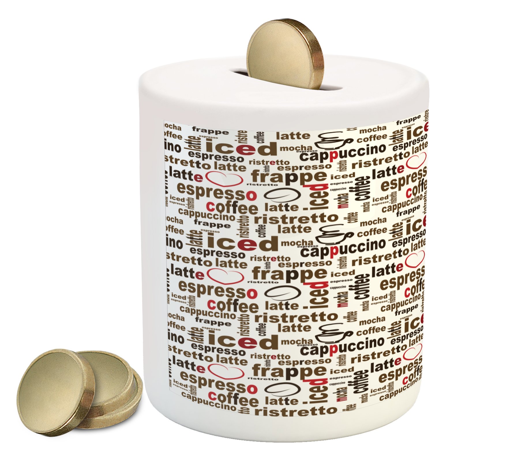 Ambesonne Modern Piggy Bank - Coffee Cafe Typography Ceramic Coin Bank for Cash Saving, Caramel Ruby & Dark Brown | Perfect Gift for Coffee Lovers & Home Office Decor