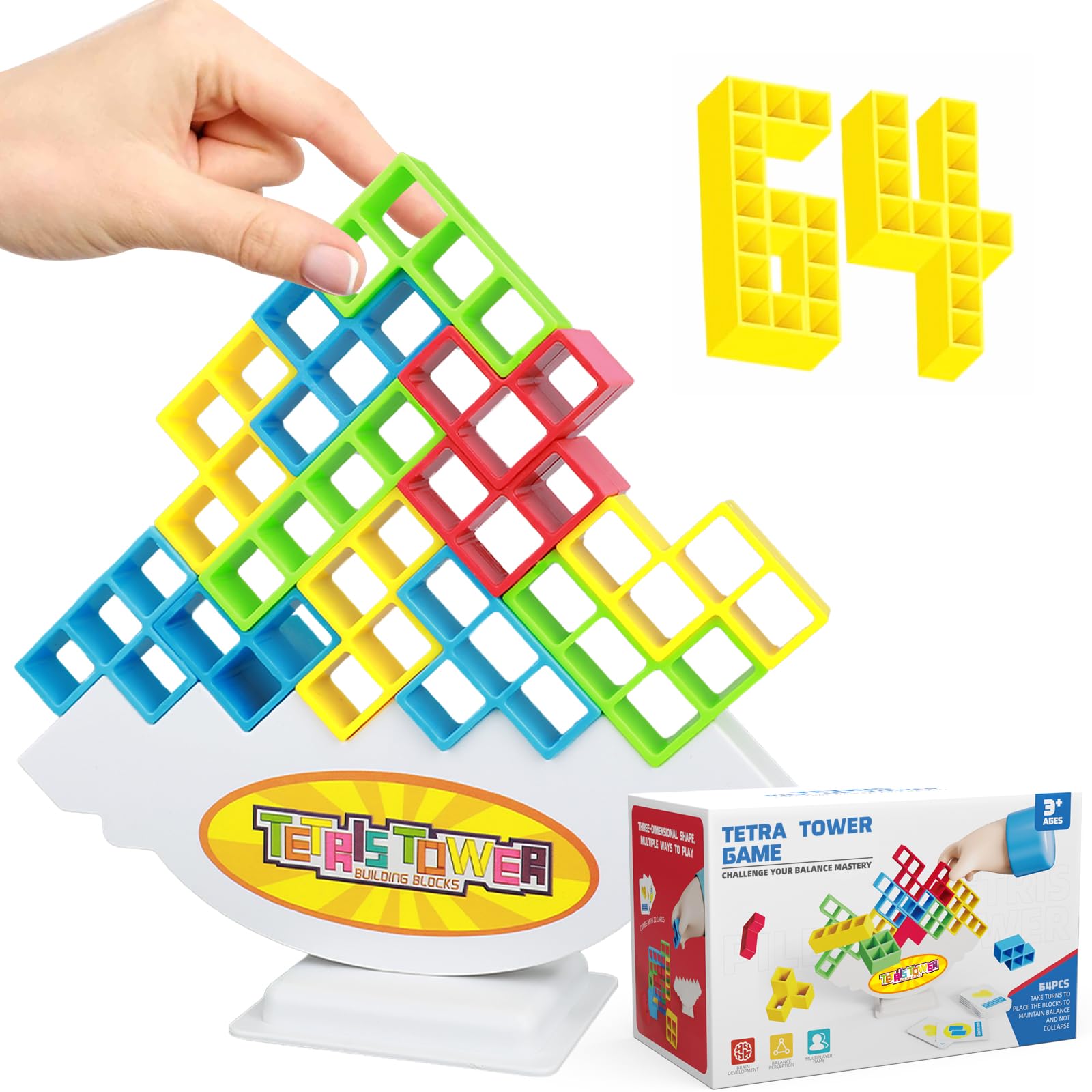 FLLOBE Tetra Tower Game - 64 PCS Tetris Stacking Block Game for Kids & Adults, Family Board Game for Indoor Parties, Travel & Team Building Activities | Fun Balance Challenge for Family Game Night & Group Gatherings