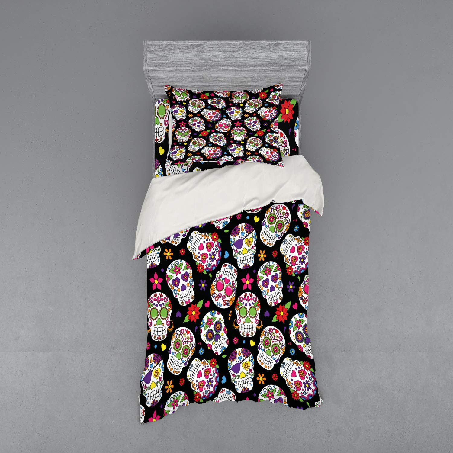 Ambesonne Sugar Skull Duvet Cover Set - Mexican Graveyard Design on Black Background, 3-Piece Bedding Set with Pillow Sham & Fitted Sheet, Twin XL Size, Vibrant Multicolor Print for Gothic & Day of The Dead Decor