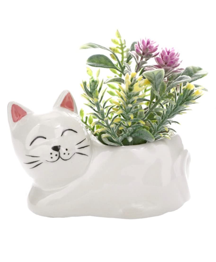Ceramic Animal Planters for Plants - Small Cat Shaped Flower Pot (Cara The Cat) - Perfect for Succulents, Herbs & Indoor Home Decor