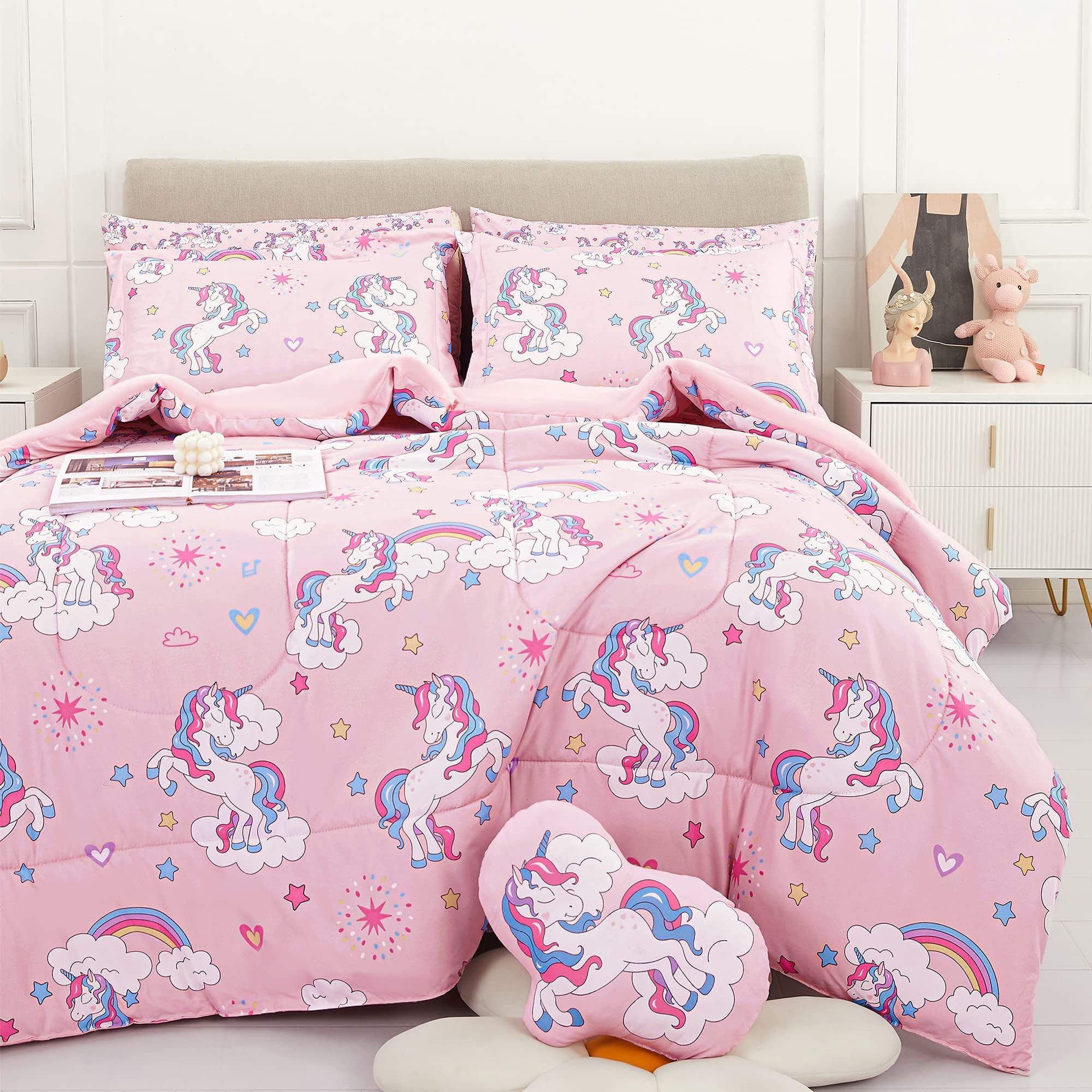 Mooreeke Pink Unicorn Twin Comforter Set for Girls - 6 Piece Soft Microfiber Bedding Set with Comforter, Sheets, Shams & Decorative Pillow - All Season Kids Bed in a Bag for Teens - Perfect for Bedrooms, Sleepovers & Gift Giving