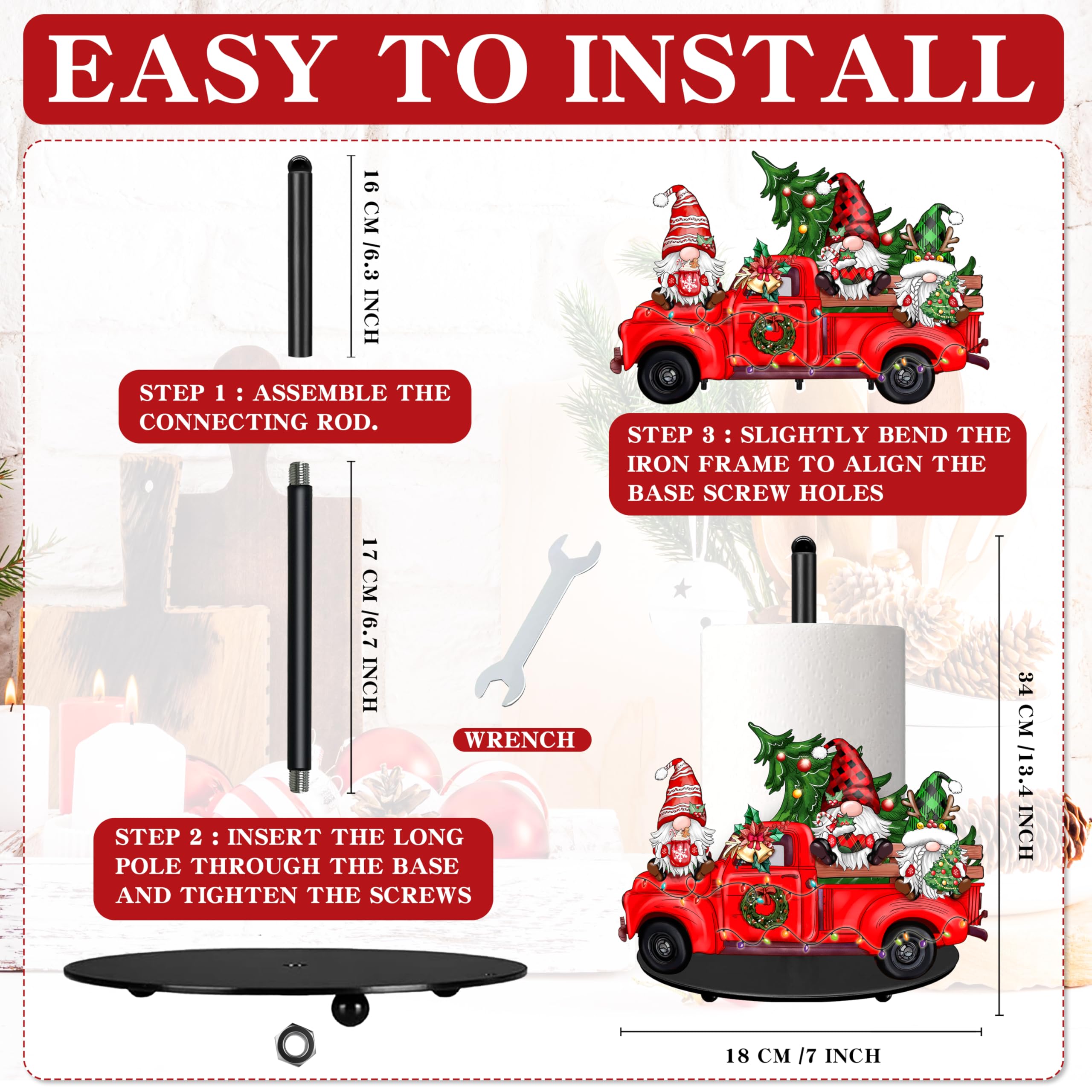 Large Christmas Gnome Truck Metal Paper Towel Holder - Rustic Farmhouse Kitchen Decor for Countertops, Bathroom & Living Room | Holiday Home Accessories for Xmas & Winter Season