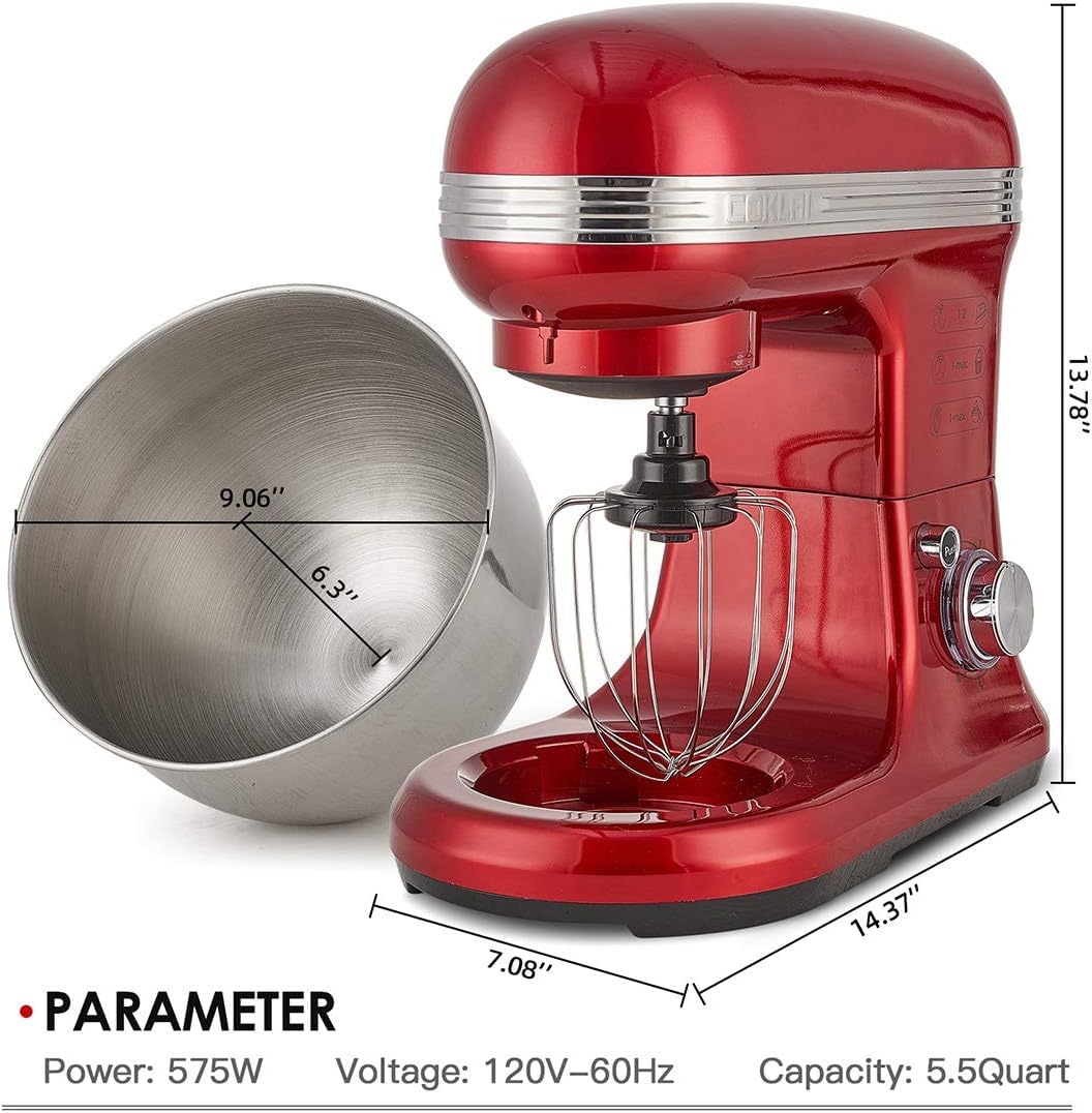 COKLAI 6-Speed Stand Mixer with Stainless Steel Bowl - Tilt-Head Electric Kitchen Mixer for Baking - Includes Wire Whisk, Dough Hook & Flat Beater - Perfect for Cakes, Cookies, Bread & Pastry Dough