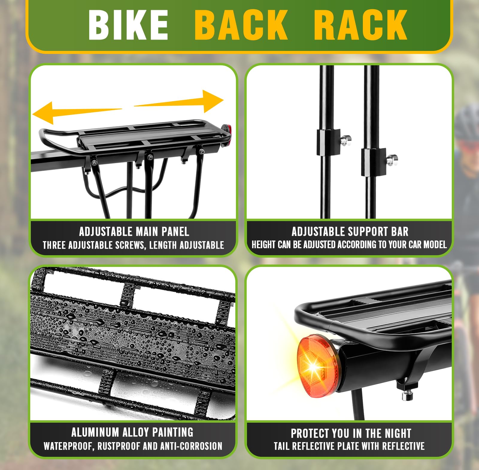 Heavy Duty Rear Bike Rack - Universal Adjustable Bicycle Cargo Carrier with 110-135Lb Capacity, Reflective Logo & Stand Footstock - Perfect for Commuting, Touring & Grocery Hauling