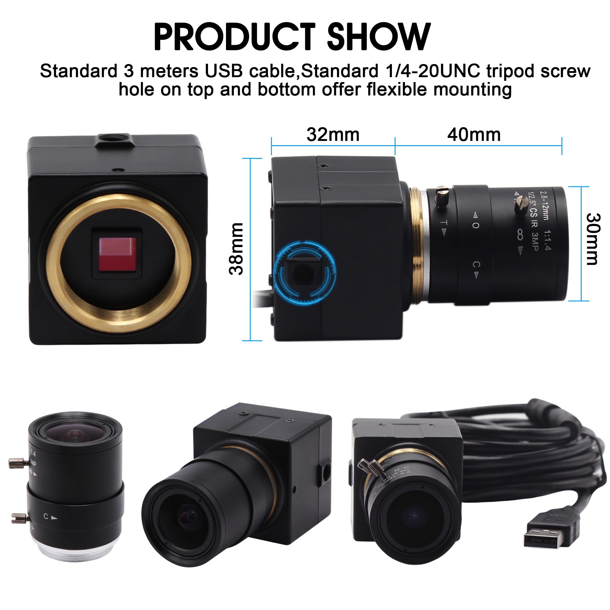 4K USB Webcam with 2.8-12mm 4X Varifocal Manual Lens - 2160P Ultra HD UVC Compliant Computer Camera for Video Conferencing, Live Streaming, OpenCV Support - Perfect for Zoom Meetings, Online Classes & Content Creation