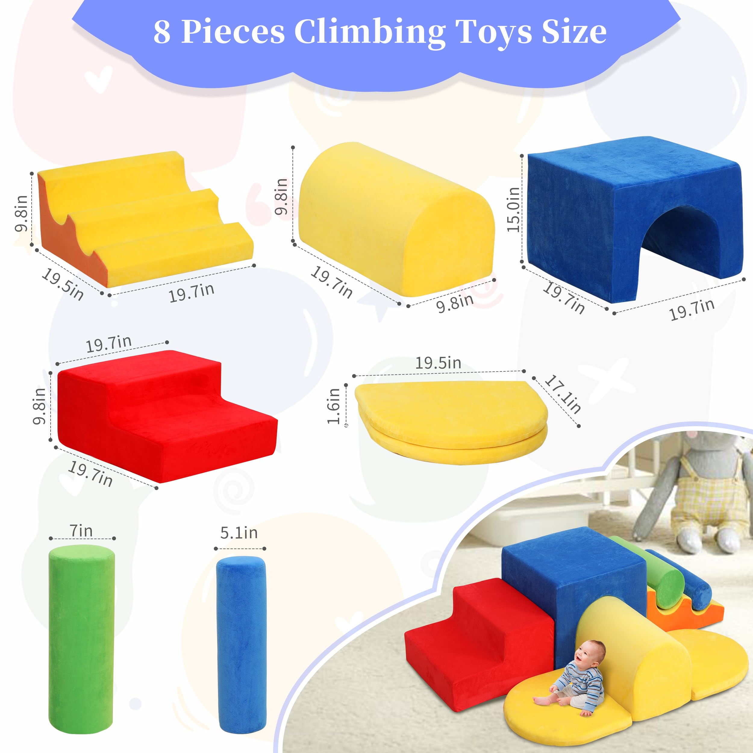 8-Piece Soft Foam Climbing Blocks for Toddlers 1-3 Years - Indoor Baby Play Gym Set for Safe Toddler Climbing Toys | Perfect for Home Playrooms, Daycares & Preschools