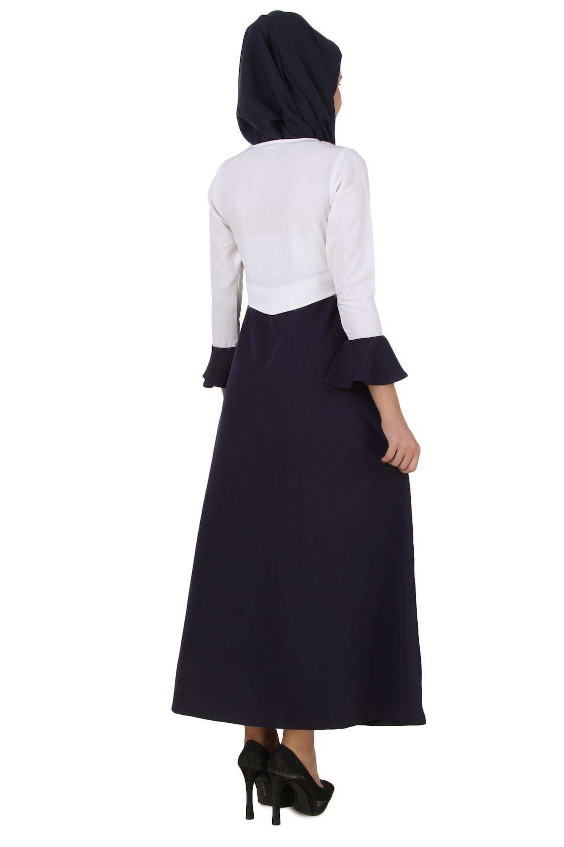 Eiman White & Navy Blue Kashibo Abaya - Modest Muslim Prayer Dress for Women - Perfect for Mosque, Eid, and Special Occasions