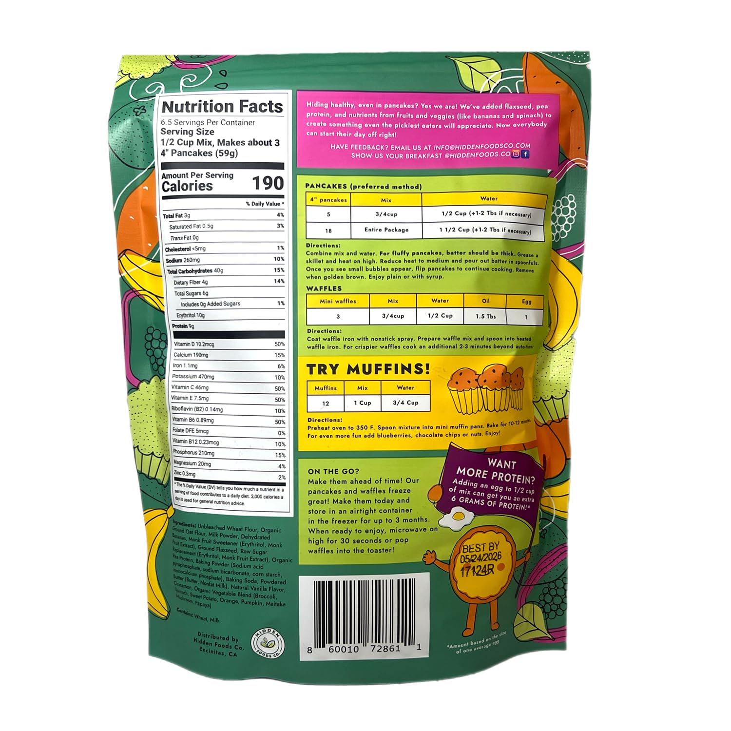 Hidden Foods Variety Pancake Mix 3-Pack - Cinnamon Churro, Homestyle & Chocolate Pancake Mixes | High Protein & Fiber Breakfast Mix with Natural Ingredients, Fruits, Vegetables, Wheat & Oat Flour | Just Add Water | Perfect for Quick Breakfast, Camping & Family Brunch