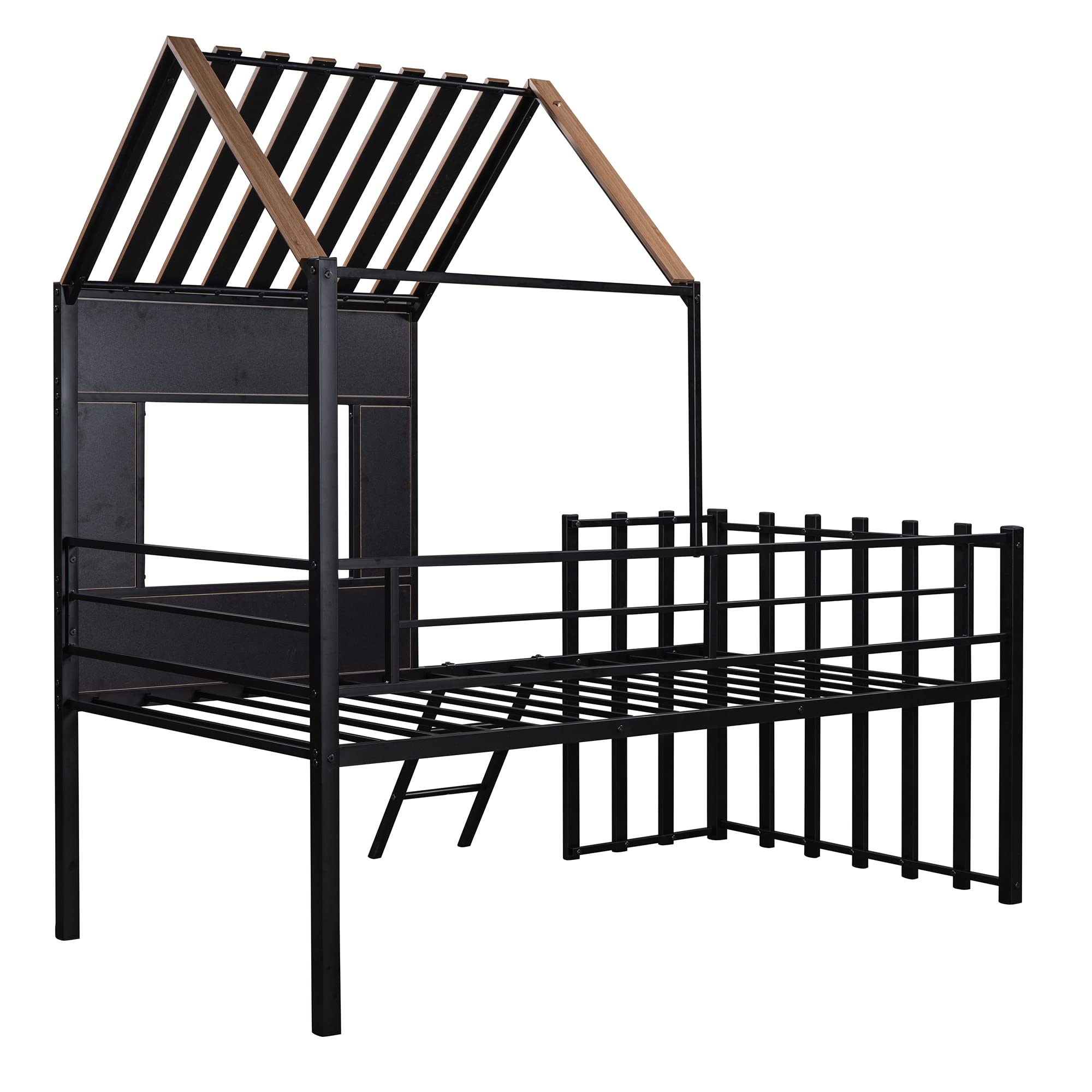 Knocbel Metal Twin Size Low Loft Bed with Roof - Kids House Bed Frame with Window, Guardrail & Ladder - Sturdy 14-Slat Platform Design (300lbs Capacity, Black) - Perfect for Small Bedrooms, Playrooms & Kids' Dream Spaces