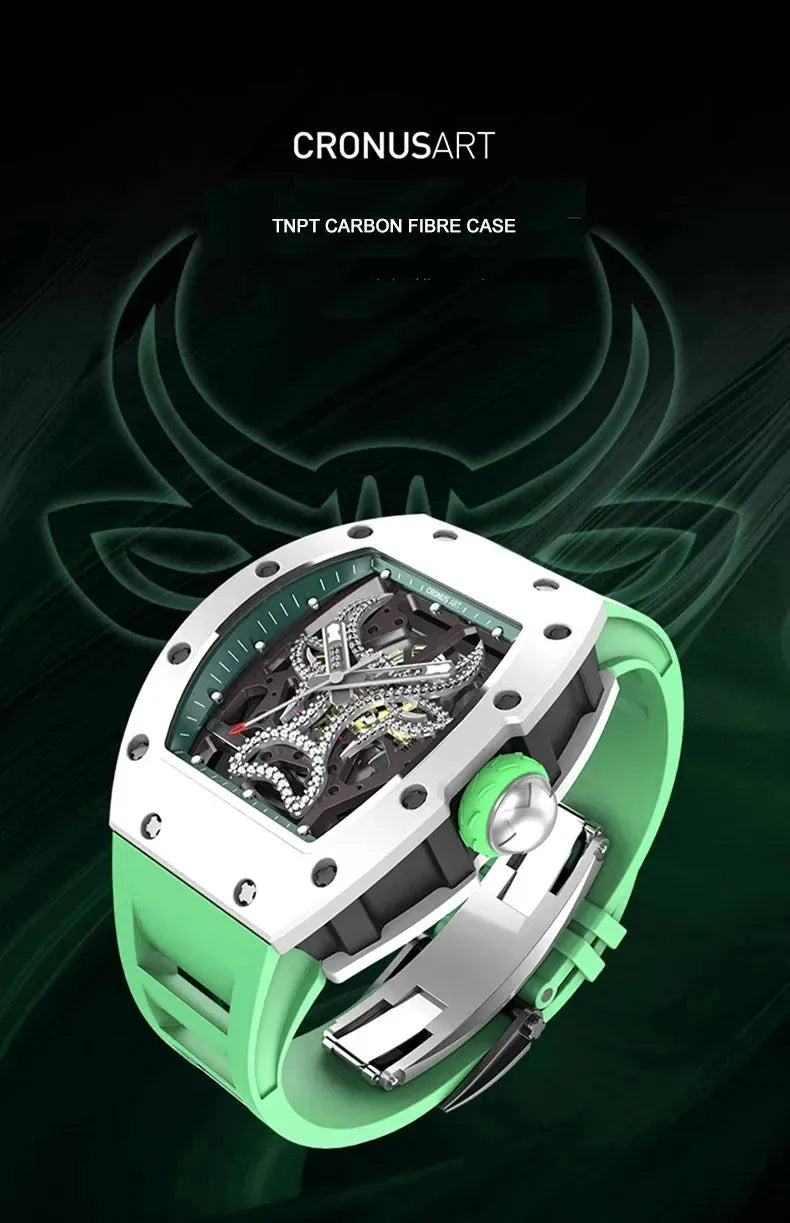 Luxury CRONUSART Men's Automatic Skeleton Watch - Carbon Fiber Case, Luminous Dial, Fluororubber Strap - Mechanical Wristwatch for Business, Formal & Casual Wear