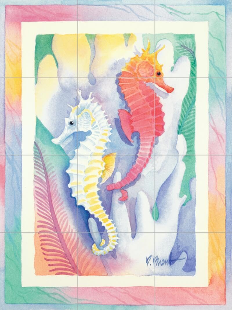 Ceramic Backsplash Tile Mural - Saltwater Fish Underwater Ocean Theme with Seahorse Design for Kitchen, Bathroom & Shower - Hand-Painted Paul Brent Art - Perfect for Coastal, Beach House or Nautical Decor