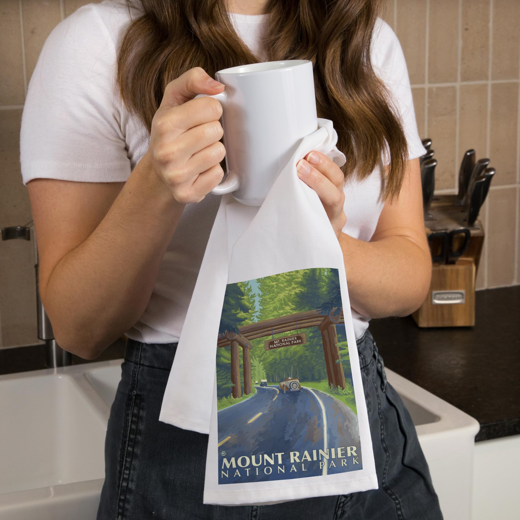 Lantern Press Mount Rainier Washington Nisqually Entrance 100% Cotton Tea Towel - Decorative Hand Towel for Kitchen, Home Decor & Gifts - Perfect for Dish Drying, Wall Art & Housewarming Presents