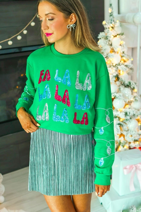 Fa La La Sequins Green Sweater - Festive Holiday Party Wear for Women | Christmas & New Year Outfit
