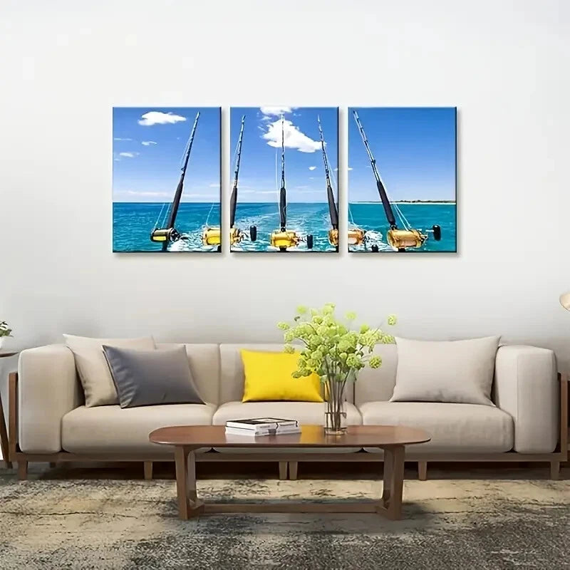 3-Piece Modern Coastal Fishing Rods & Reels Set - Seascape Metal Wall Art Print - Ready to Hang - Perfect for Beach House, Fishing Cabin, or Coastal Home Decor