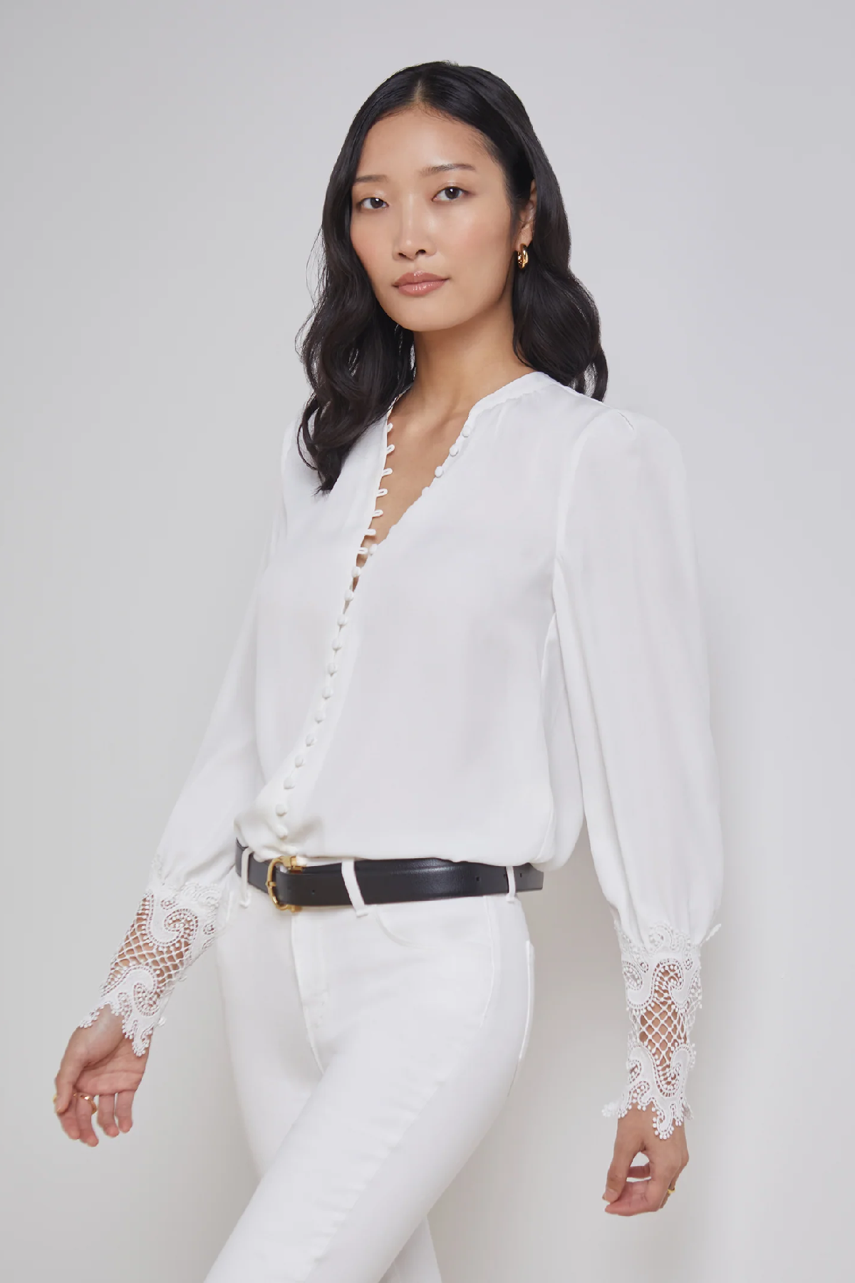 L'Agence Ava Lace Cuff Blouse - Women's V-Neck Ivory Lace Top for Work & Special Occasions | Elegant Office Blouse & Evening Wear