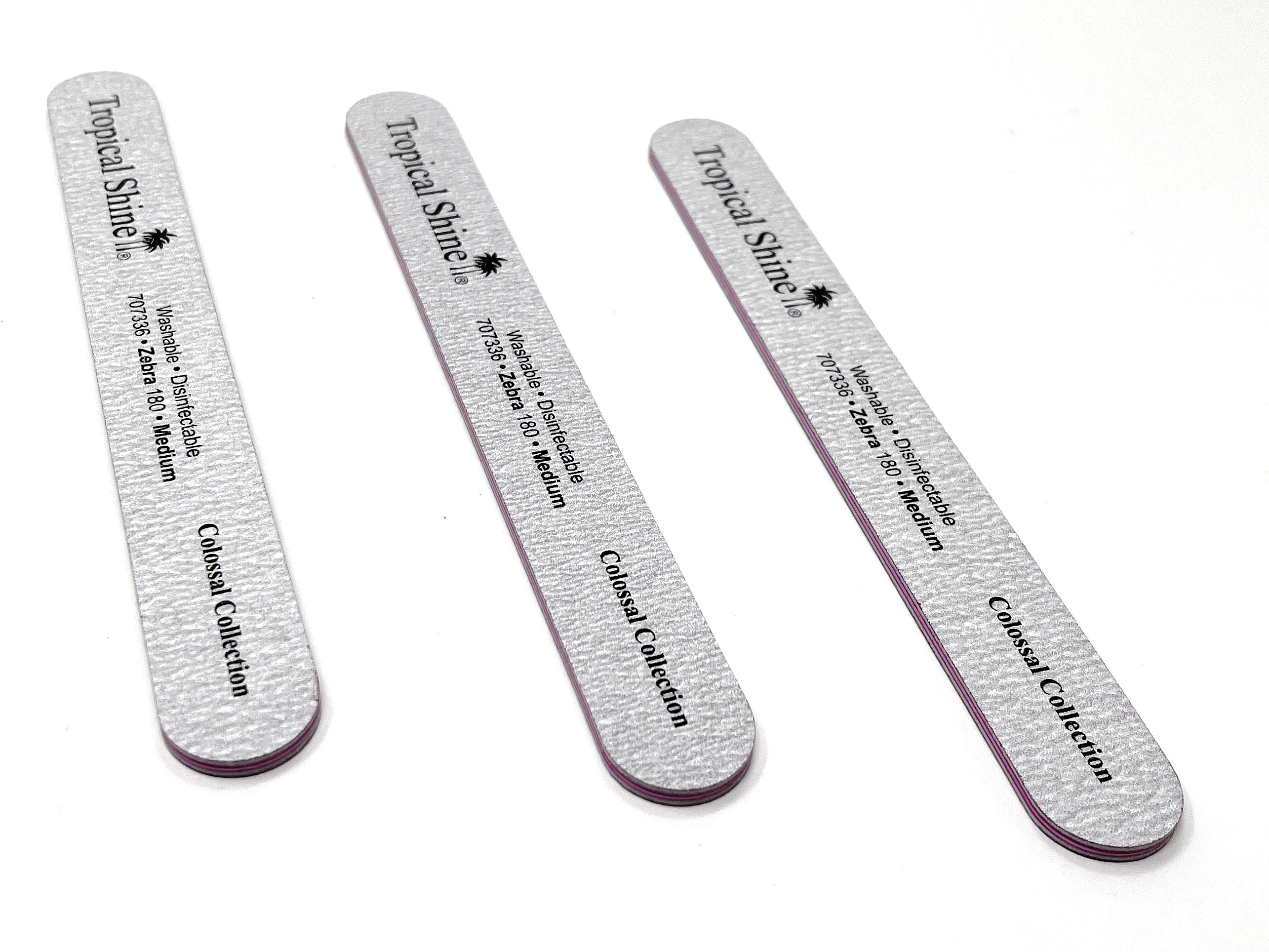 Tropical Shine Colossal Nail File - 180 Medium Grit Dual Sided Emery Boards with Cushion for Salon & Home Use - Zebra Pattern Silver (3 Pack) - Perfect for Manicures, Pedicures & Nail Care