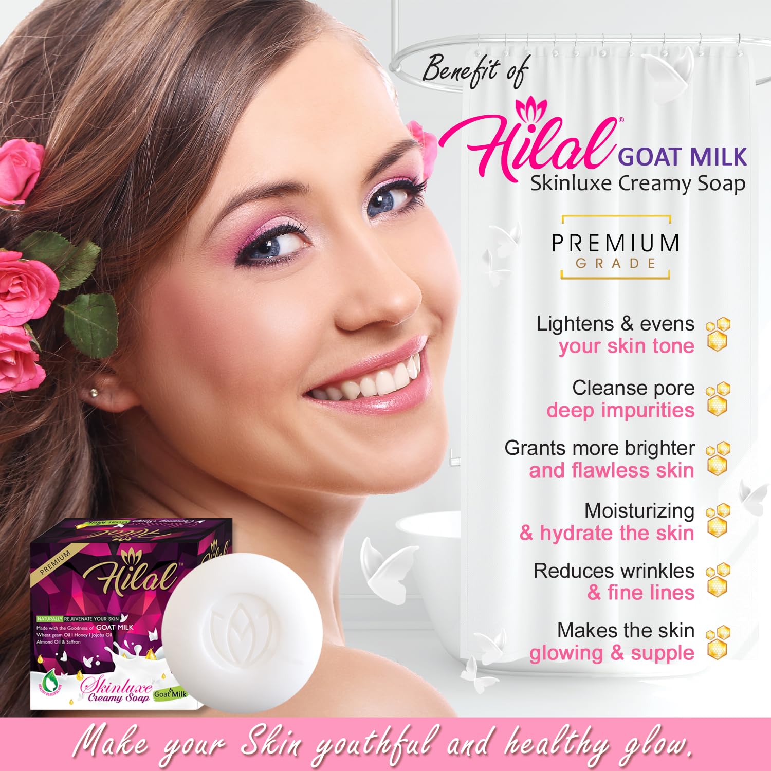 **Hilal Goat Milk Creamy Soap - 100g (Pack of 4) - Enriched with Goat Milk & Wheat Germ Oil for Nourished, Glowing Skin - Premium Grade Skincare - Ideal for Dry, Sensitive Skin & Daily Hydration**