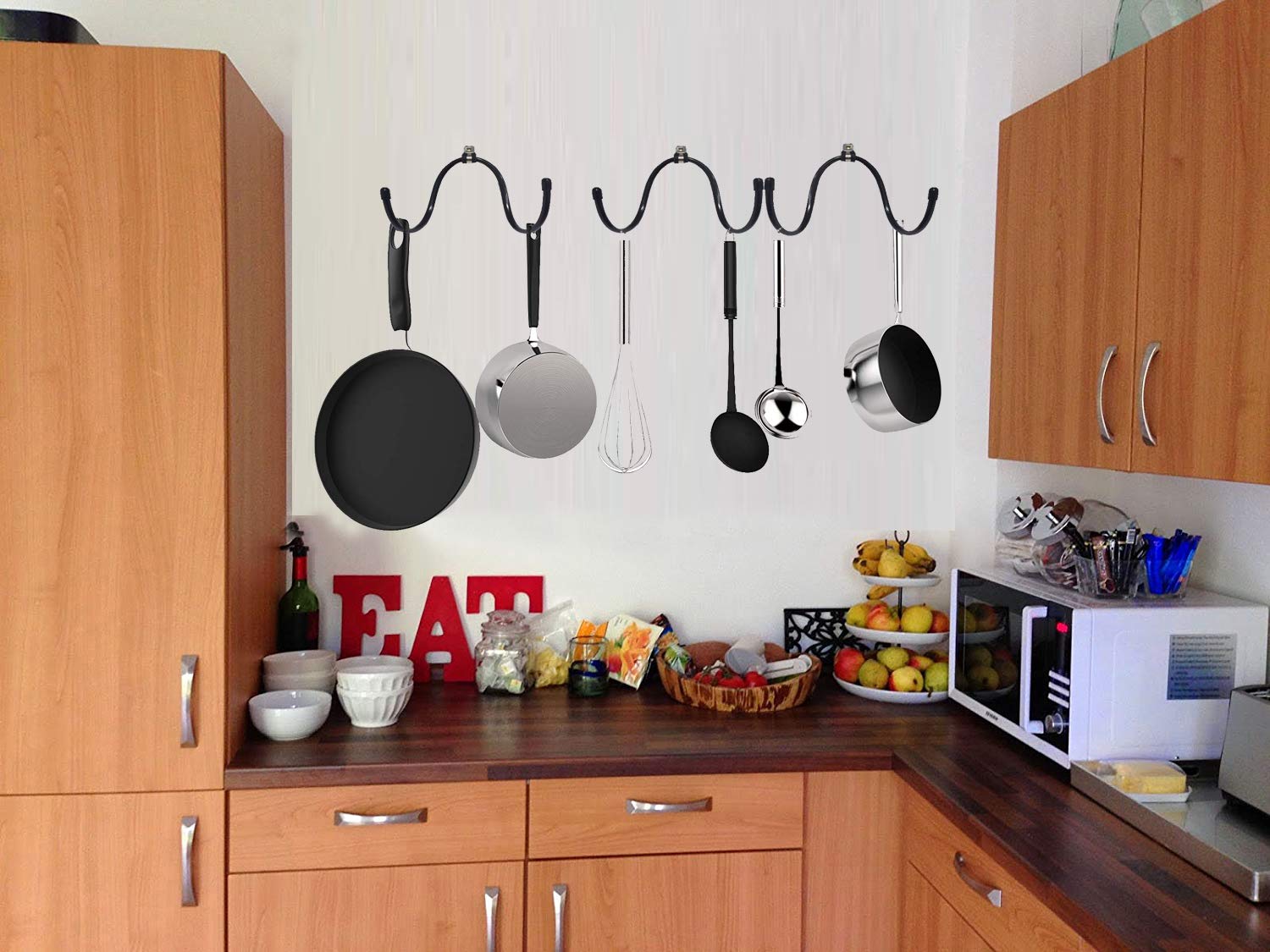 Adjustable Wrought Iron Wall Hook - 4 Pack | Heavy Duty Wall Mounted Pots and Pans Organizer | Kitchen Cookware Storage Rack for Utensils, Rolling Pins & More | Perfect for Small Kitchens, Pantries & RV Spaces