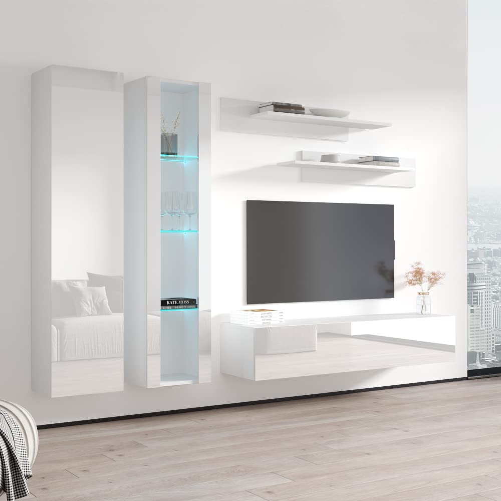 Modern Floating TV Stand with Storage & LED Lights - Wall-Mounted Entertainment Center for Bedroom & Living Room - White A4 30TV Console with Shelves - Perfect for Small Spaces & Home Theater Setup