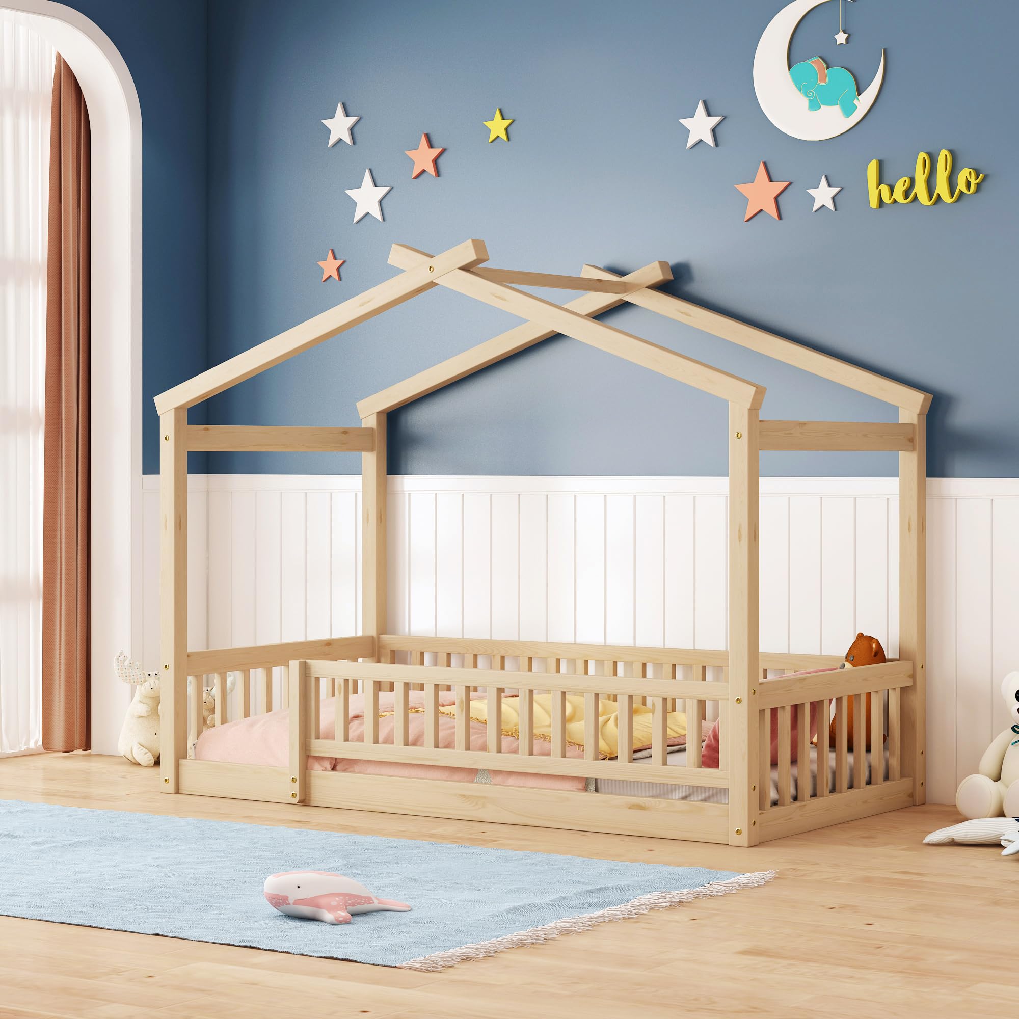 Montessori Wooden Twin Size House Bed with Safety Fence - Natural Solid Wood Floor Bed Frame for Kids, Playhouse Bed for Boys & Girls - Perfect for Bedrooms, Playrooms & Montessori Learning Spaces