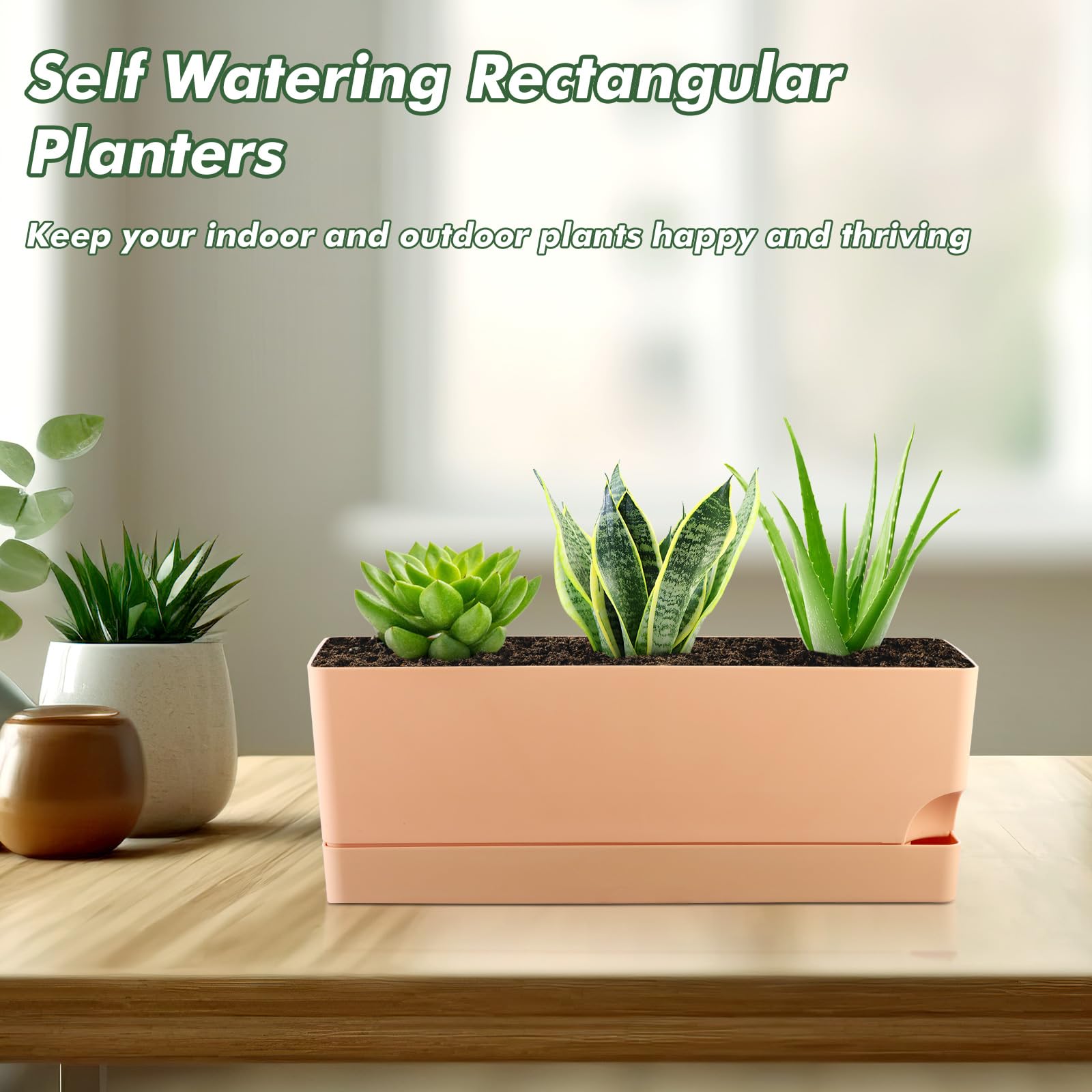 2 Pack Self Watering Planters - 17 Inch Large Rectangular Flower Pots with Drainage Holes & Saucers for Indoor Plants, Herbs, Succulents - Perfect Windowsill Planter Box for Kitchen, Balcony, Office (Orange)