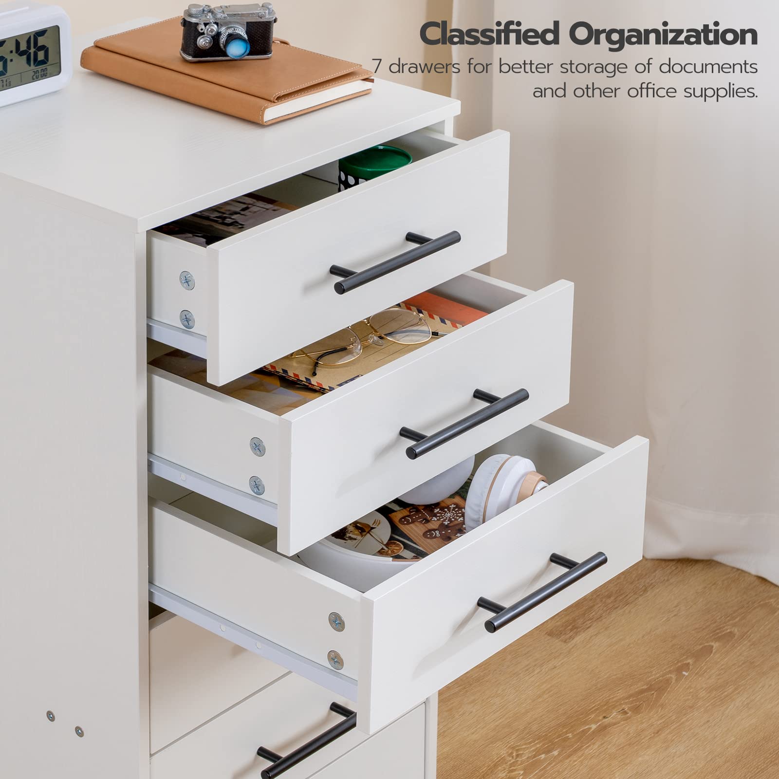 HOOBRO 7-Drawer Storage Cabinet, White Wooden File Organizer with Easy Assembly for Home Office, Study & Workspace - Perfect for Document Storage & Office Supplies Organization WT07WJ01