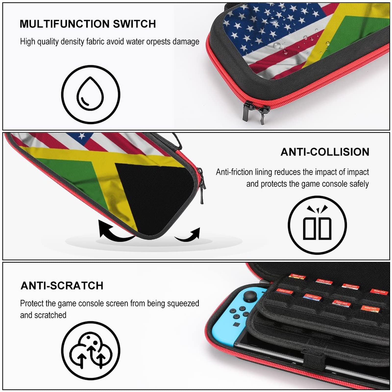 Jamaica and USA Waving Flag Nintendo Switch Carrying Case - Portable Travel Cover with 20 Game Card Slots - Perfect for Gaming On The Go, Travel Accessories & Switch Protection