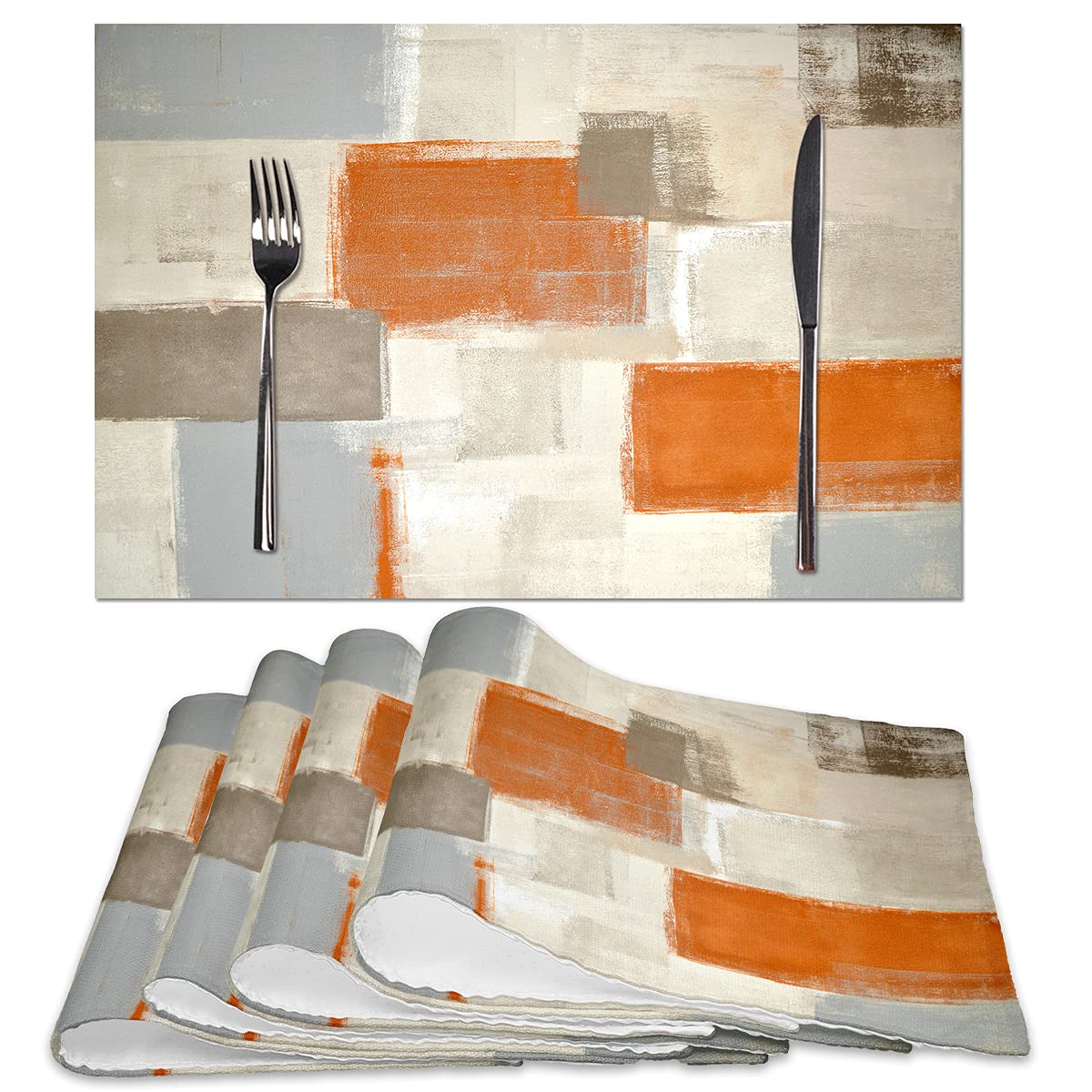 Modern Abstract Art Placemats Set of 4 - Orange & Grey Heat-Resistant Non-Slip Dining Mats - 18