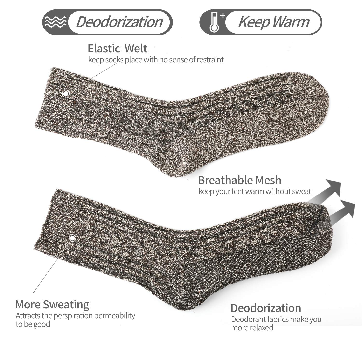 ElifeAcc 5 Pairs of Men's Thick & Warm Wool Socks for Winter - Thermal Hiking, Skiing & Outdoor Activities Socks for Cold Weather