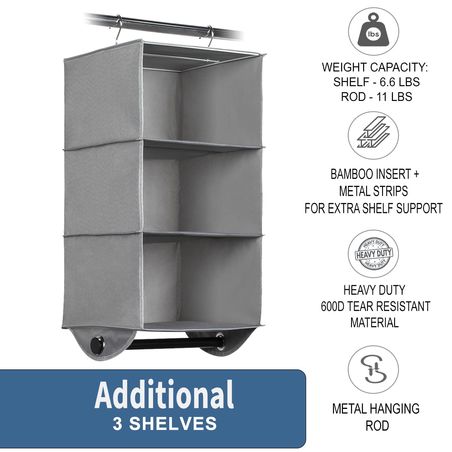 HOLDN’ STORAGE 3-Tier Hanging Closet Organizer - Space Saving Storage Shelves for Closet, Dorm, RV & Small Spaces - Grey Fabric with Black Metal Rod - 12”W x 12”D x 29.5”H - Perfect for College Dorms, Apartments & Travel Organization