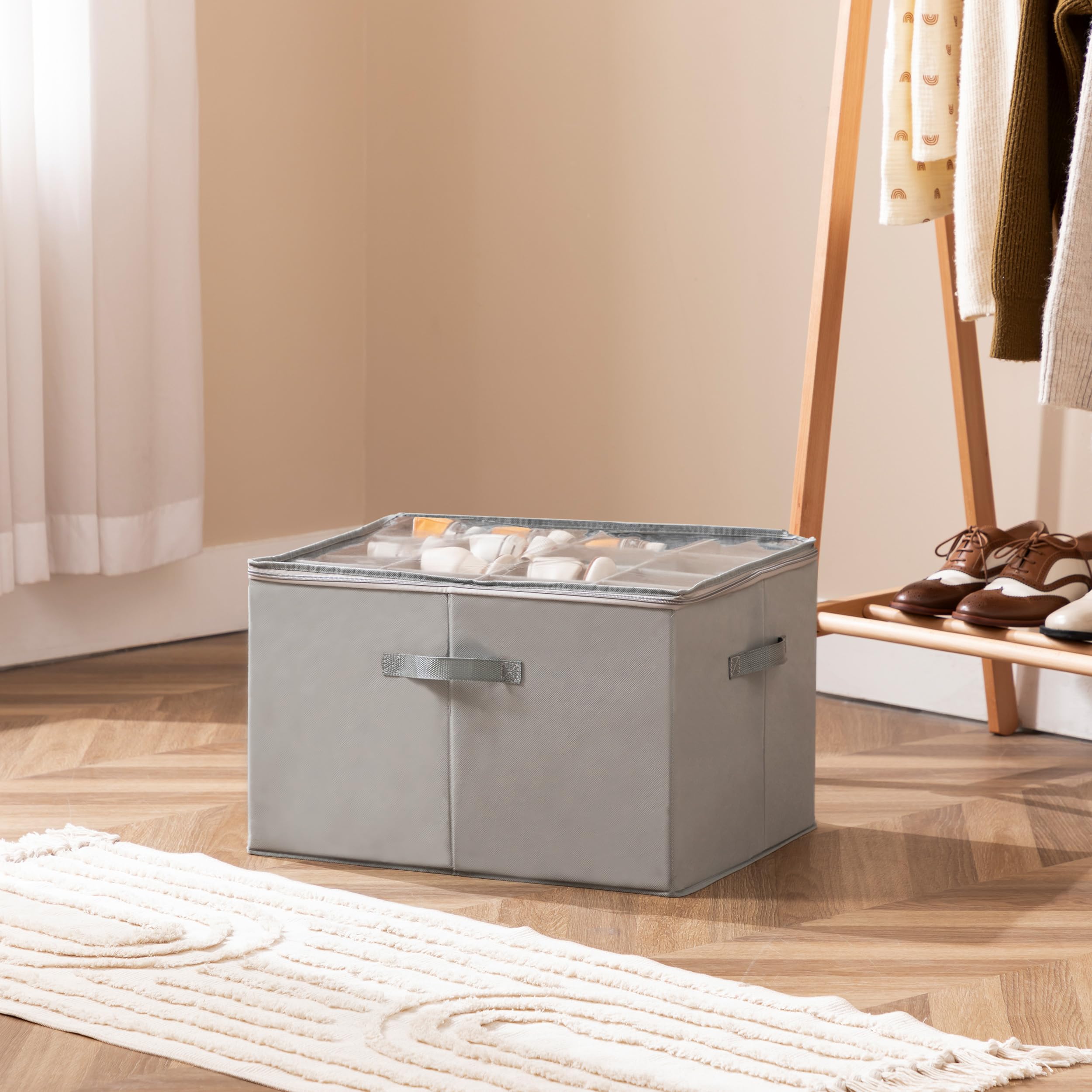 HBlife 2 Pack Large Foldable Shoe Storage Organizer Box with Clear Cover & Adjustable Dividers - Stackable Space Saving Shoe Bin for Closet - Holds Up to 16 Pairs (Grey) - Perfect for Bedroom, Entryway & Dorm Organization